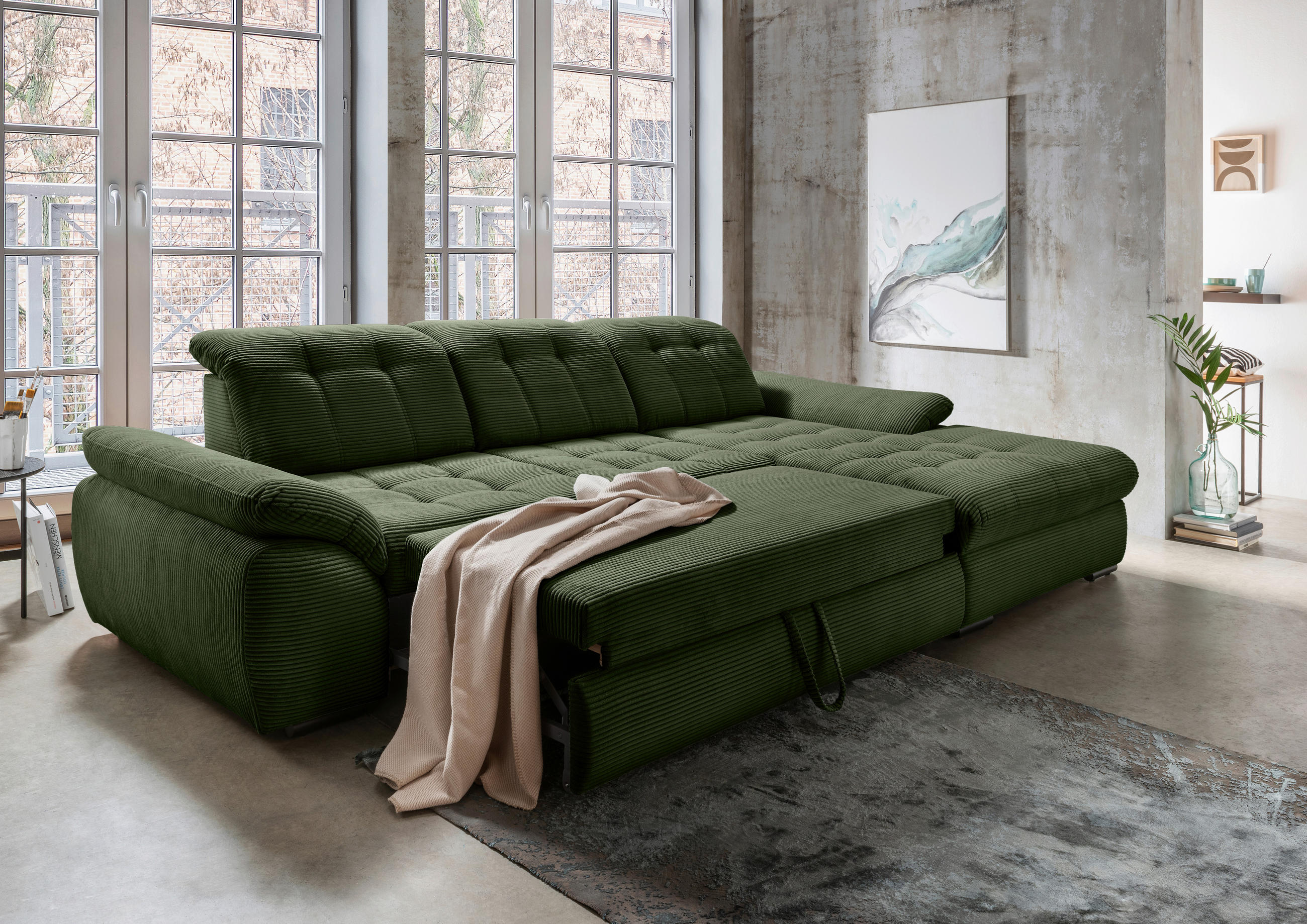 ECKSOFA in Cord Dunkelgrün - Dunkelgrün/Schwarz, Modern, Textil/Metall (314/184cm) - Livetastic