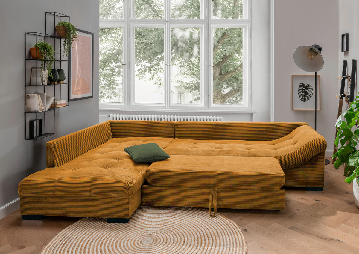 ECKSOFA Cognac Cord  - Dunkelgrün/Cognac, Design, Holz/Textil (202/298cm) - MID.YOU
