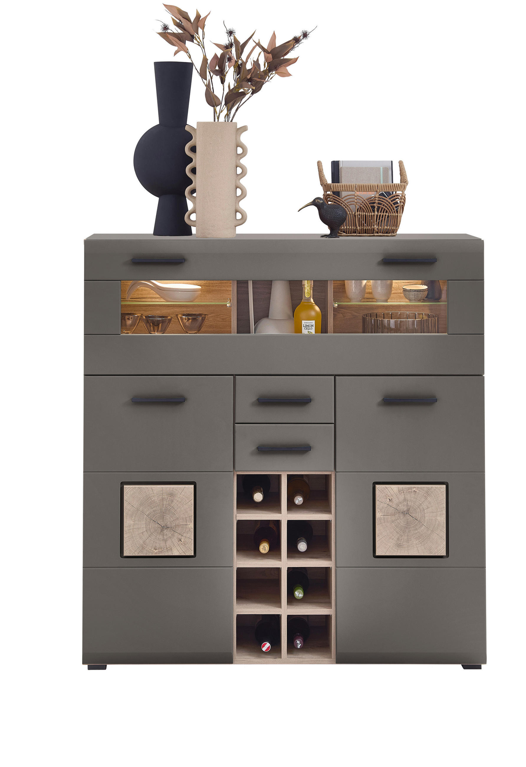 VYSOKÁ KOMODA, 120/129/37 cm - barvy dubu/barvy stříbra, Konvenční, kov/kompozitní dřevo (120/129/37cm) - Hom`in