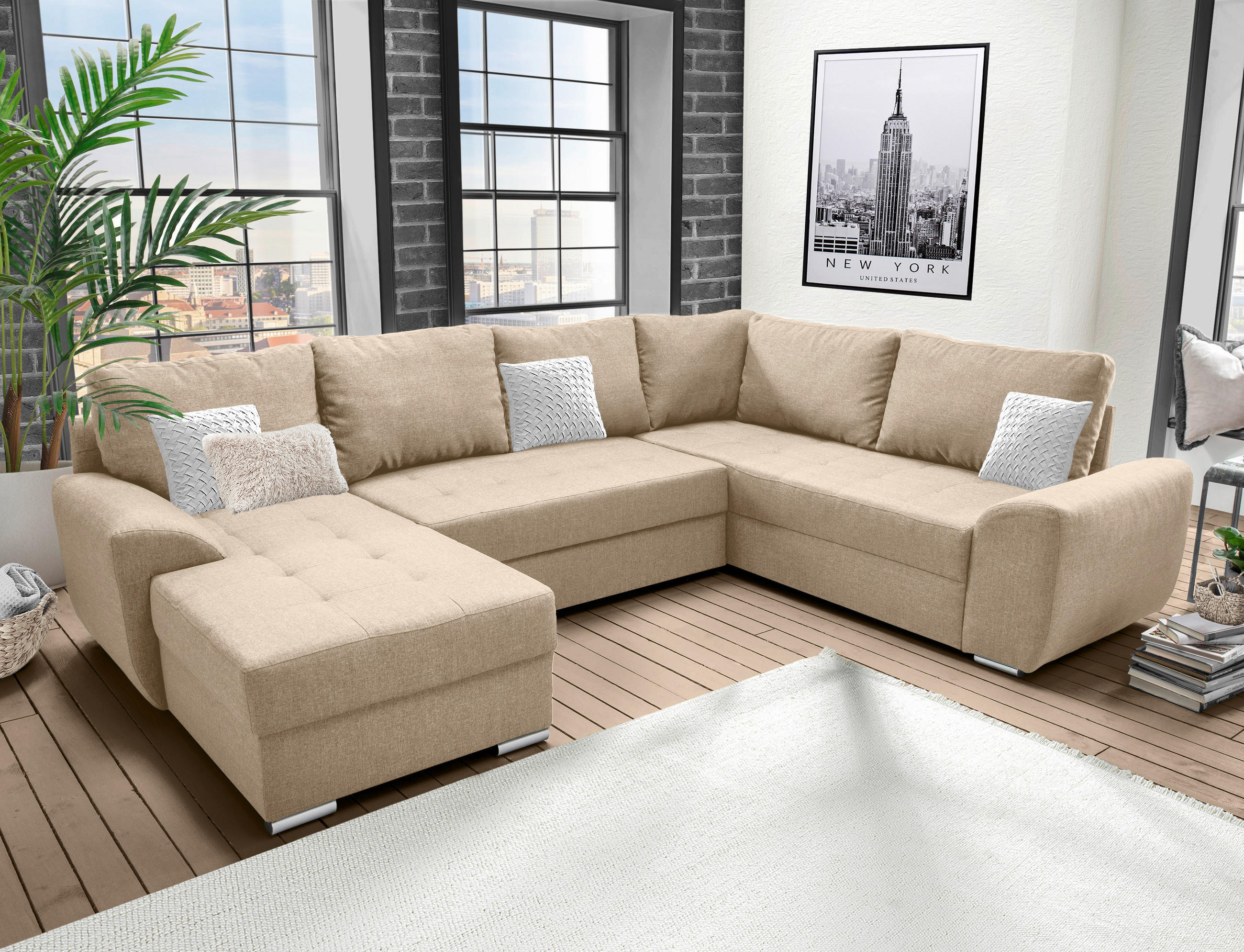 SAROKGARNITÚRA textil bézs  - bézs/króm, Konventionell, textil/fém (156/292/218cm) - Livetastic