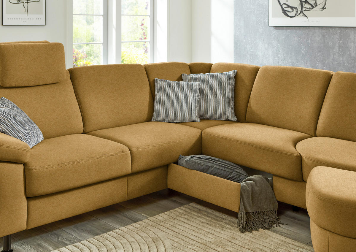 ECKSOFA Flachgewebe Currygelb  - Currygelb/Schwarz, Konventionell, Textil/Metall (248/252cm) - Beldomo Comfort