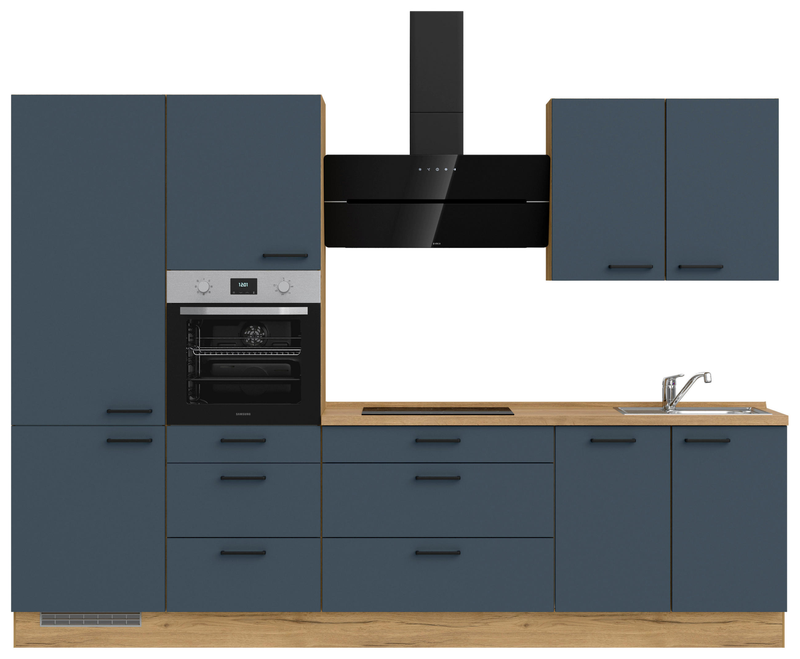 KÜCHENBLOCK 300 cm   in Eichefarben, Dunkelblau  - Eichefarben/Schwarz, MODERN, Holzwerkstoff/Metall (300cm) - Nobilia