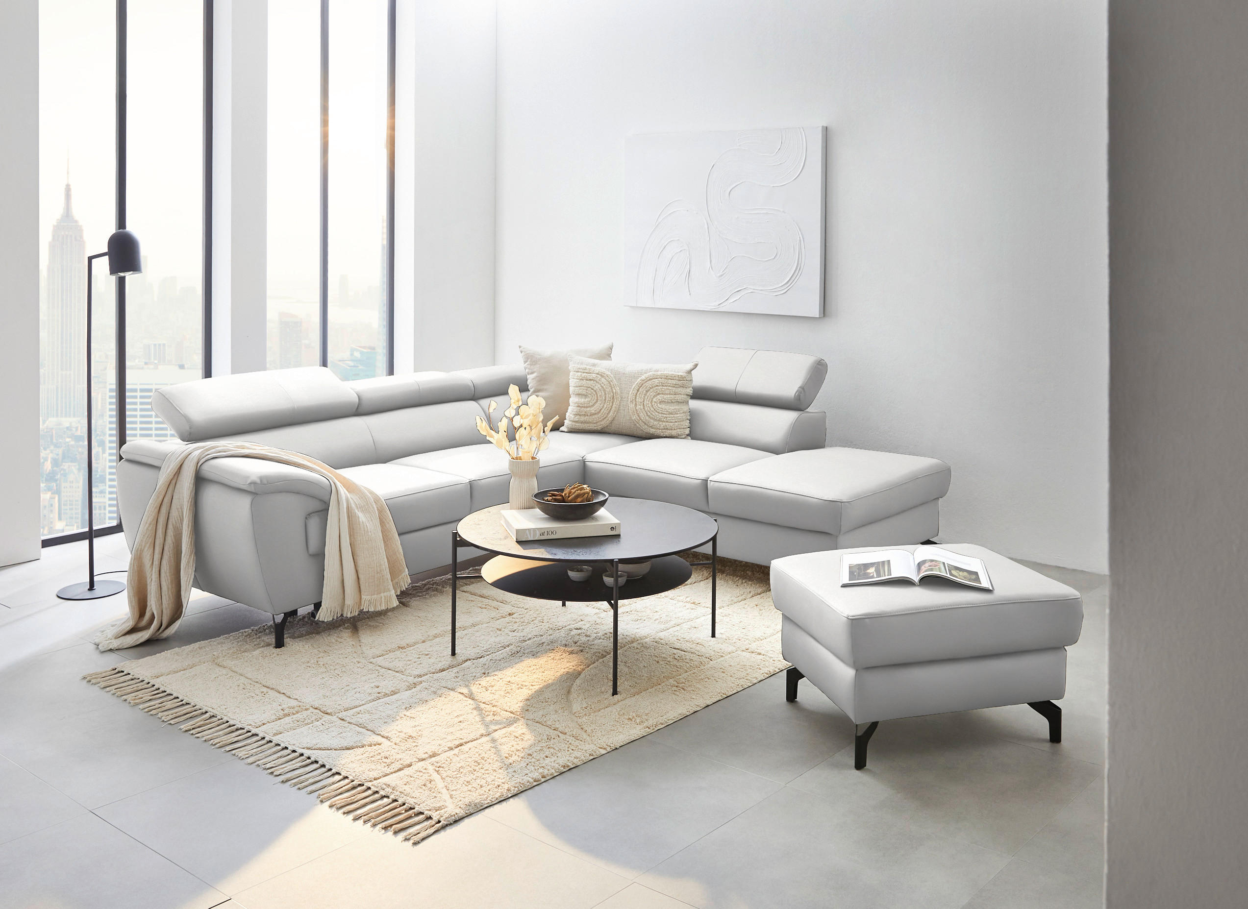 ECKSOFA in Echtleder Weiss  - Weiss/Schwarz, Design, Leder/Metall (256/220cm) - Celina Home