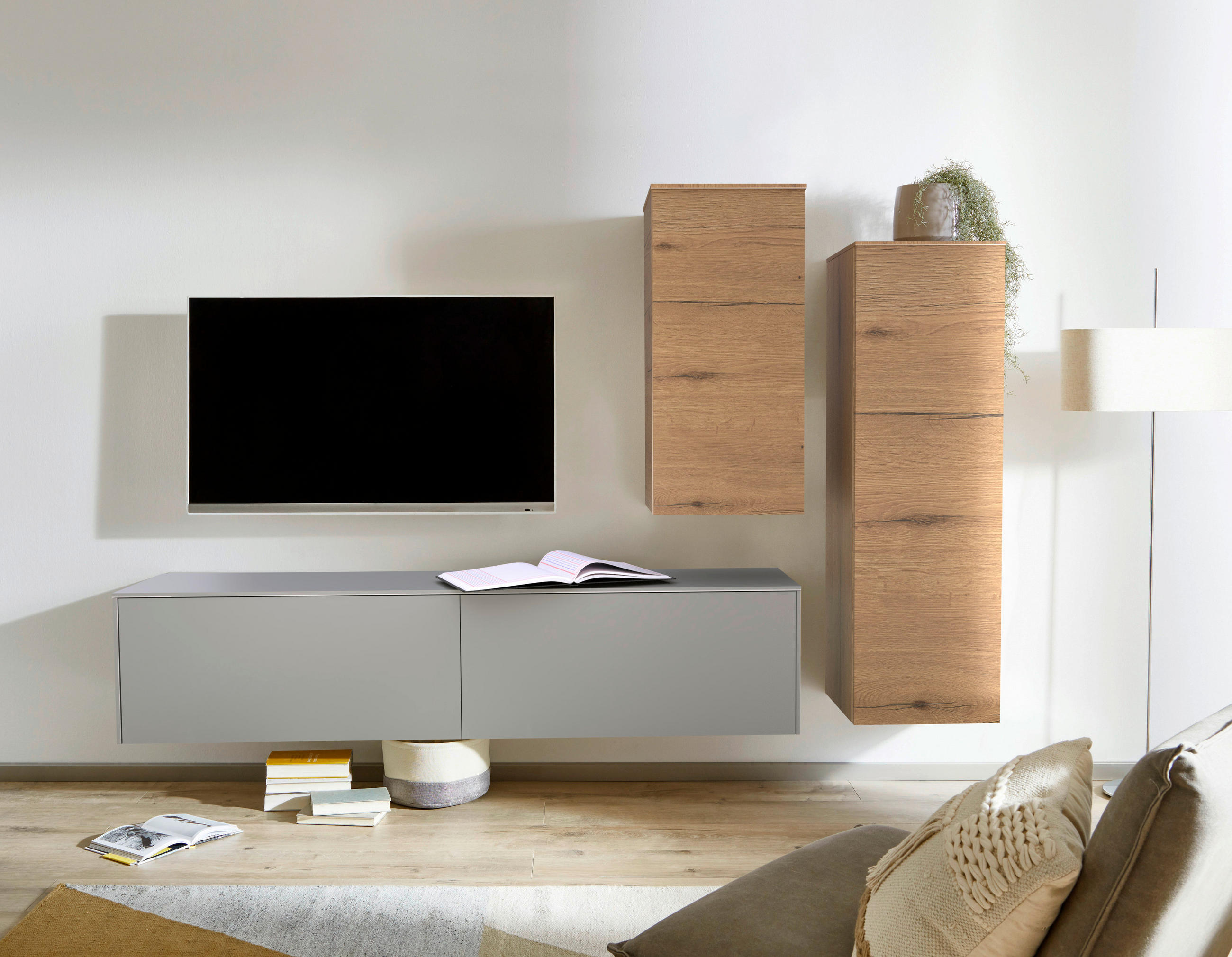 WOHNWAND 3-teilig  in Eichefarben, Hellgrau, Hellbraun  234/174/37 cm  - Hellbraun/Eichefarben, Design, Holzwerkstoff (234/174/37cm) - Celina Home
