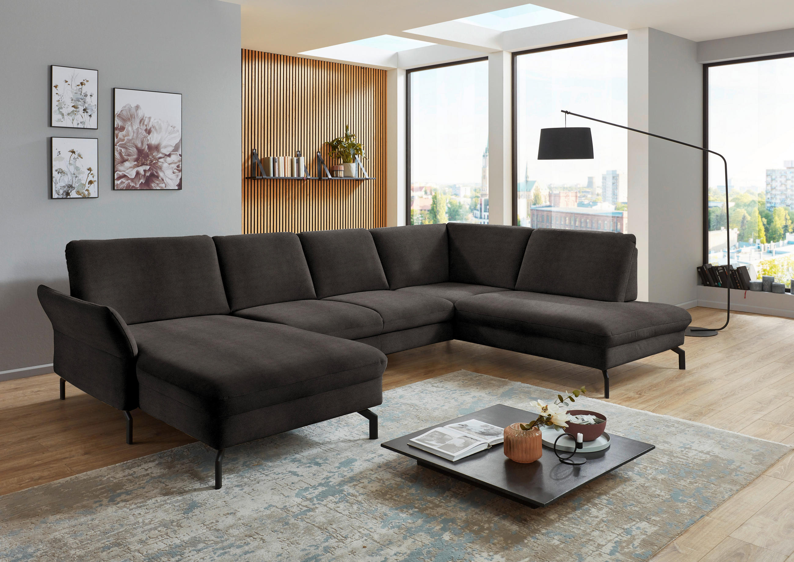 WOHNLANDSCHAFT Dunkelbraun Velours  - Dunkelbraun/Schwarz, Design, Textil/Metall (179/335/220cm) - Beldomo System