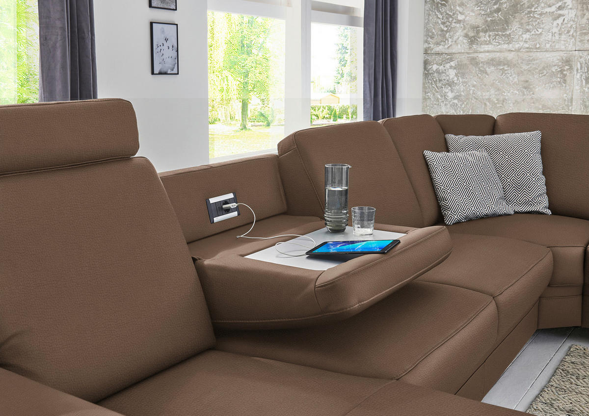 WOHNLANDSCHAFT Echtleder Graubraun  - Graubraun/Alufarben, Konventionell, Leder/Metall (165/329/239cm) - Beldomo Premium