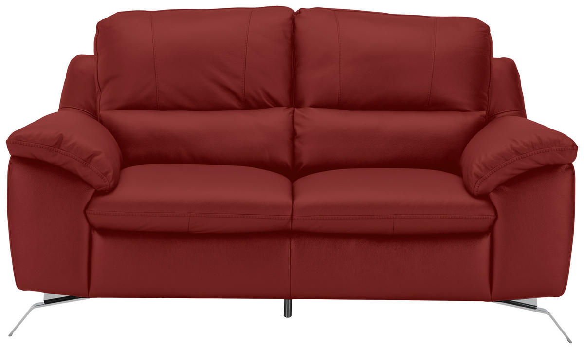 2,5-SITZER Kombination Echtleder/Lederlook Rot  - Silberfarben/Rot, Design, Leder/Metall (216/97/95-151cm) - Livetastic