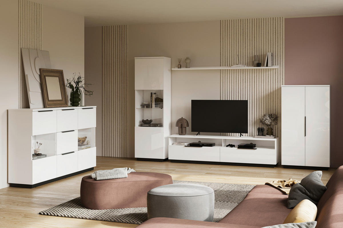 HIGHBOARD Tuluza 180/109,2/40,5 cm 3 Schublade(n)  - Weiss Hochglanz/Weiss, Design, Glas/Holzwerkstoff (180/109,2/40,5cm) - MID.YOU