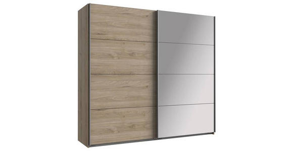 SCHWEBETÜRENSCHRANK  in Eichefarben, Hickory  - Eichefarben/Alufarben, Design, Glas/Holzwerkstoff (225/210/65cm) - Carryhome