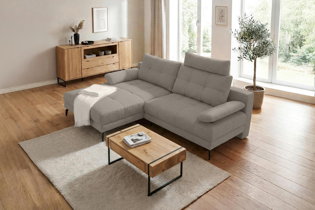 ECKSOFA Grau Struktur Rückenkissen, Bettkasten, Schlaffunktion, Rücken echt, Armteilverstellung, Liegefläche im Originalstoff  - Beige/Schwarz, MODERN, Textil/Metall (181/263cm) - Carryhome