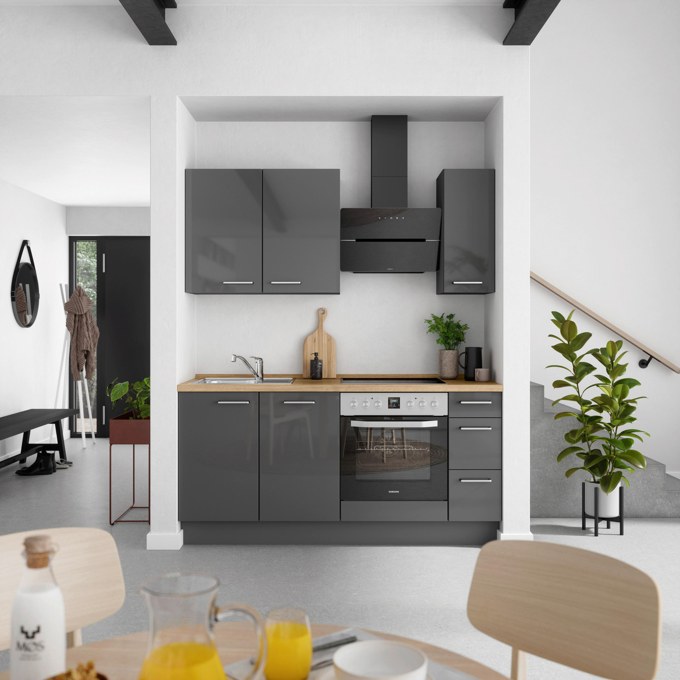 KÜCHENBLOCK Flash 180 cm  in Eichefarben, Schieferfarben  - Schieferfarben/Edelstahlfarben, MODERN, Holzwerkstoff/Metall (180cm) - Nobilia