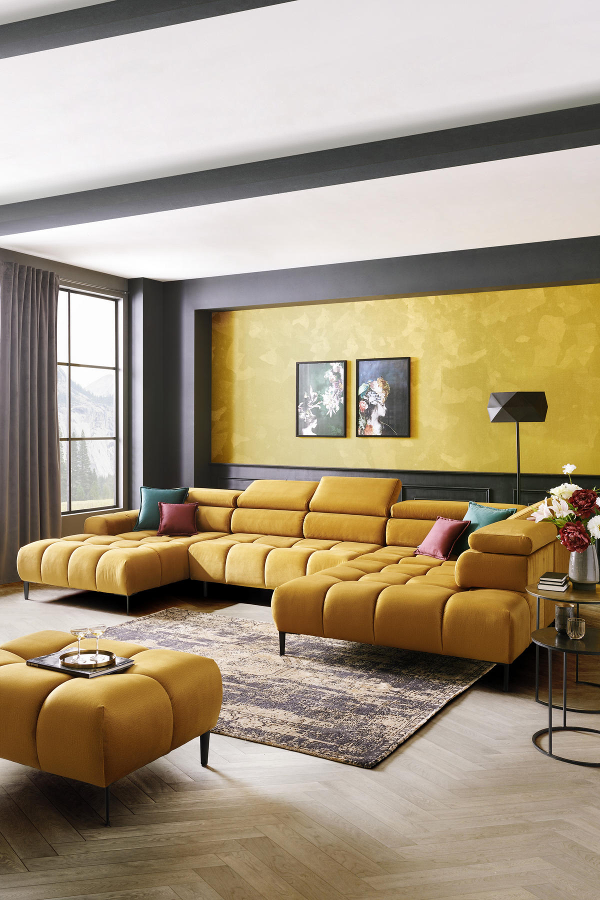 ECKSOFA in Webstoff Currygelb  - Currygelb/Schwarz, Design, Textil/Metall (177/385/216cm) - Welnova