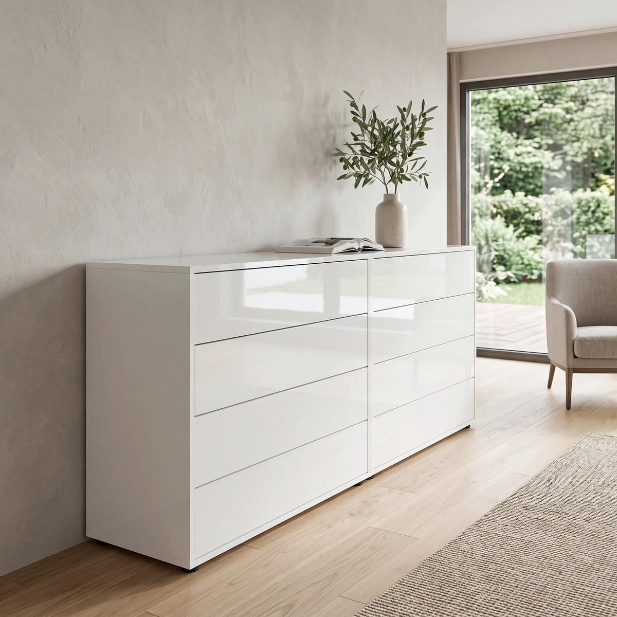 SIDEBOARD Mailand Set 1 158/73/33 cm 8 Schublade(n)  - Weiß Hochglanz/Schwarz, MODERN, Holzwerkstoff/Kunststoff (158/73/33cm) - MID.YOU