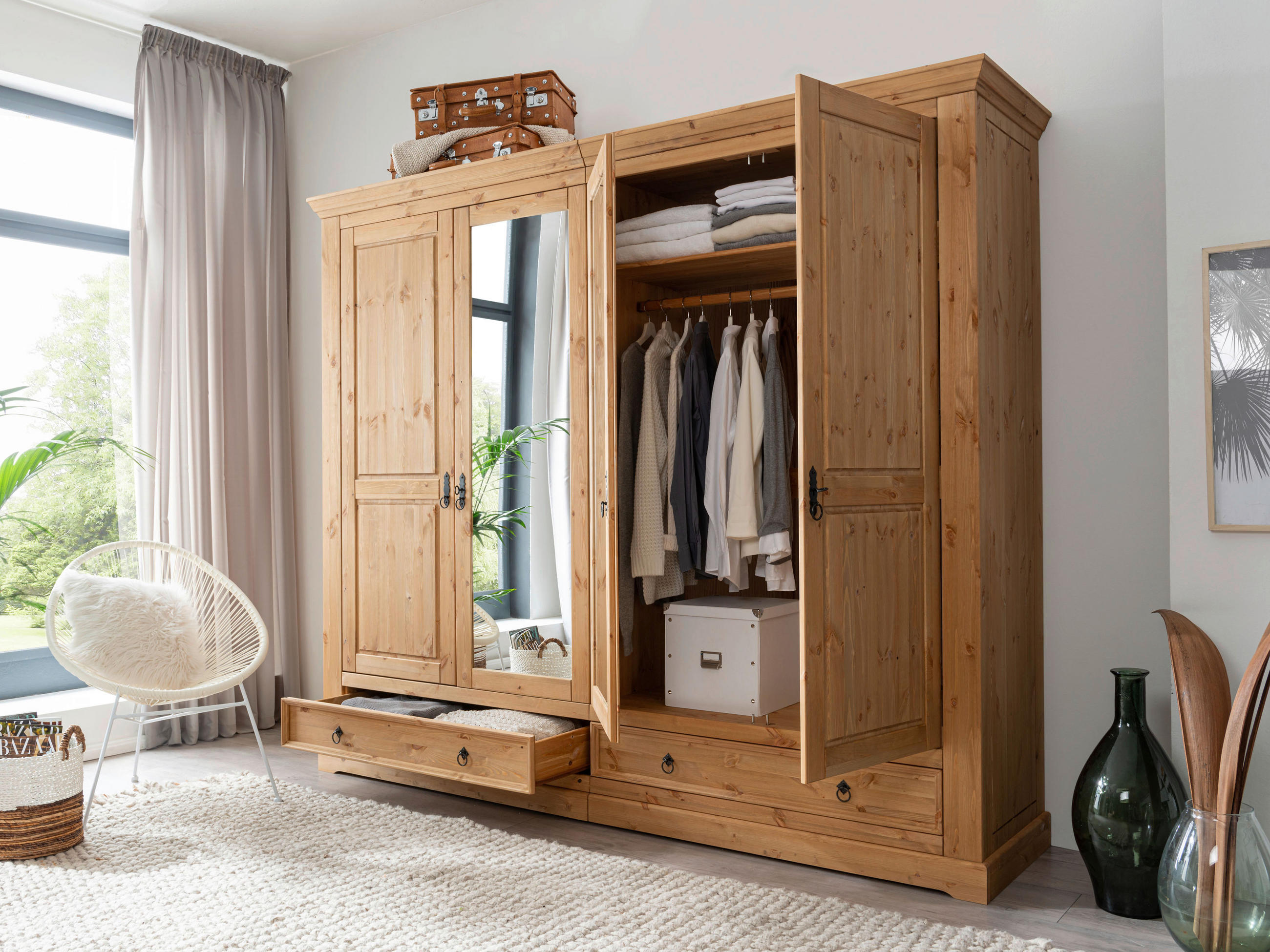 KLEIDERSCHRANK 4-türig Kiefer massiv Eichefarben - Eichefarben/Schwarz, KONVENTIONELL, Holz/Metall (254/215/62cm) - Livetastic