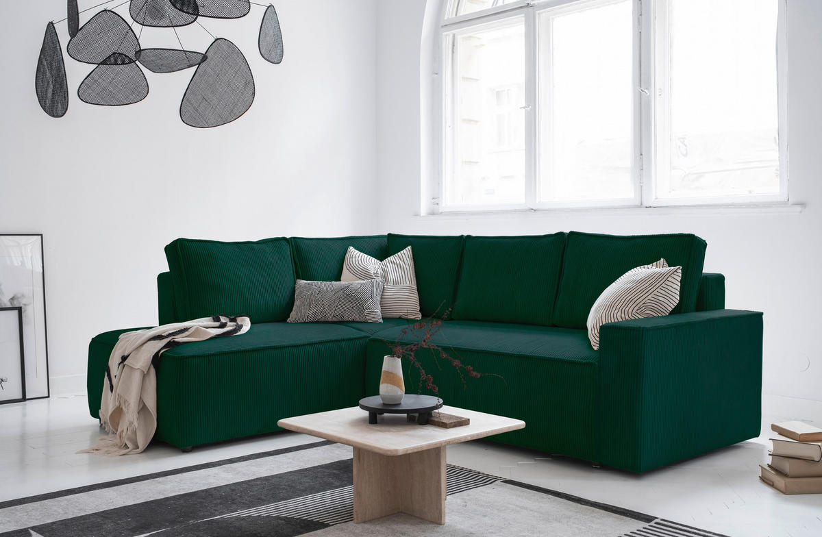ECKSOFA in Cord Dunkelgrün  - Dunkelgrün/Schwarz, Design, Kunststoff/Textil (194/247cm) - MID.YOU