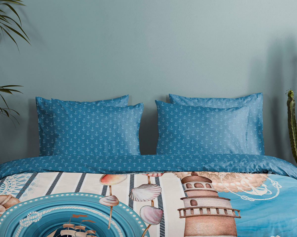 BETTWÄSCHE HIP Satin 140/200 cm  - Blau/Ecru, Design, Textil (140/200cm)
