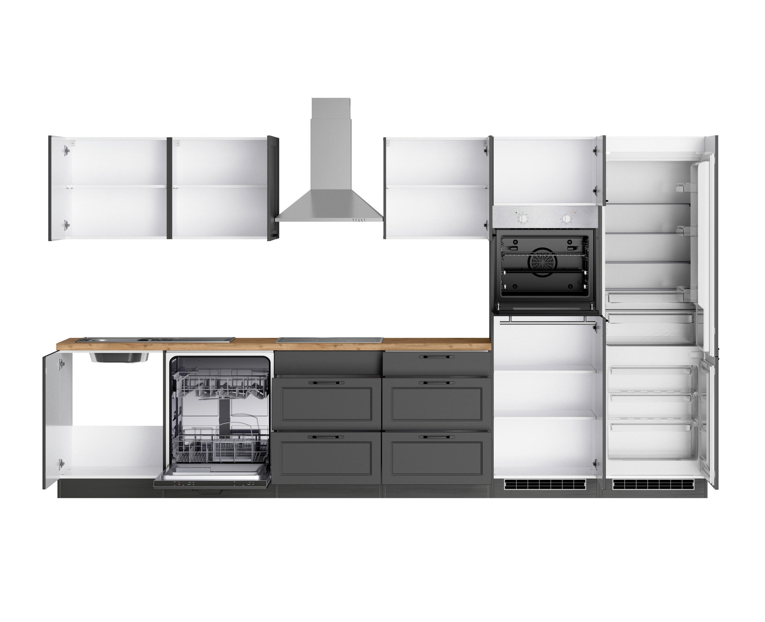 KÜCHENBLOCK 360 cm   in Grau, Eiche Wotan  - Eiche Wotan/Schwarz, Lifestyle, Holzwerkstoff/Metall (360cm) - Held