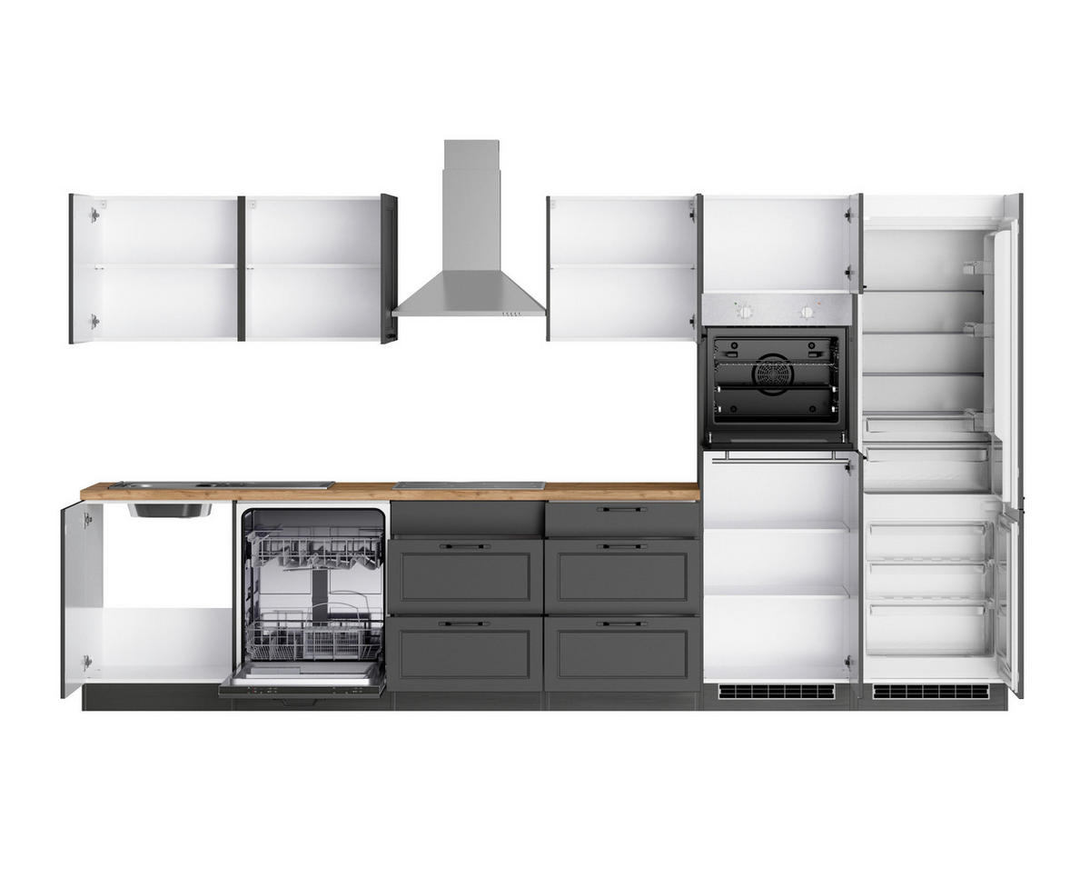 KÜCHENBLOCK 360 cm   in Grau, Eiche Wotan  - Eiche Wotan/Schwarz, Lifestyle, Holzwerkstoff/Metall (360cm) - Held