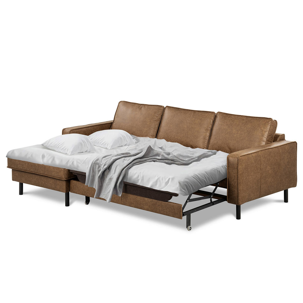 ECKSOFA Braun Echtleder Lederlook Bettkasten, Schlaffunktion, Rücken echt  - Schwarz/Braun, Design, Leder/Textil (166/238cm) - Livetastic