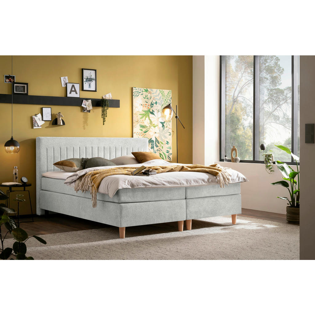 Thumbnail - Boxxx Boxspringbett, Graubraun, Textil, Buche, massiv, H2 + H4, Höhe ca. 17 cm, 180x200 cm, Stoffauswahl, Topper durchge...