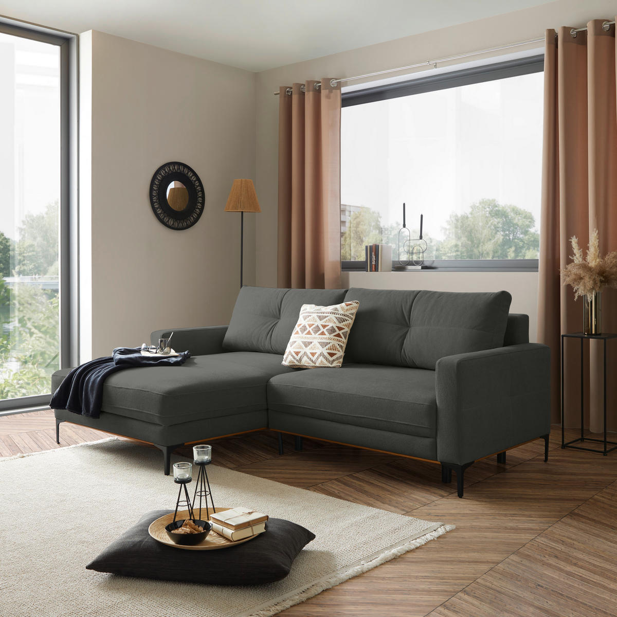 ECKSOFA Dunkelgrau  - Dunkelgrau/Schwarz, MODERN, Textil/Metall (162/238cm) - Ondega