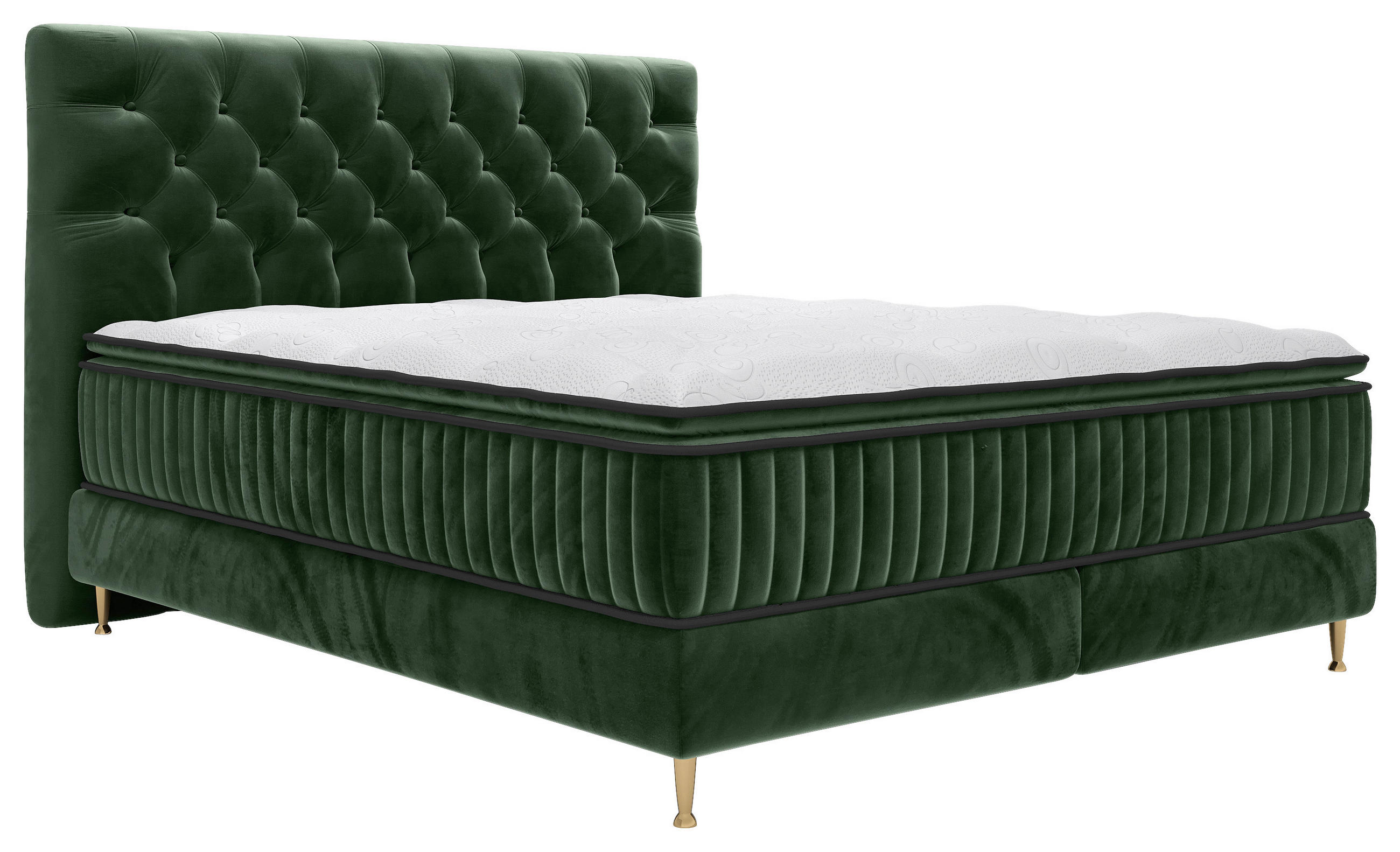 BOXSPRINGBETT 180/200 cm,  in Dunkelgrün, Matratze, gepolstertes Kopfteil, Topper, H3 = fest  - Dunkelgrün/Goldfarben, Design, Textil/Metall (180/200cm) - Boxxx