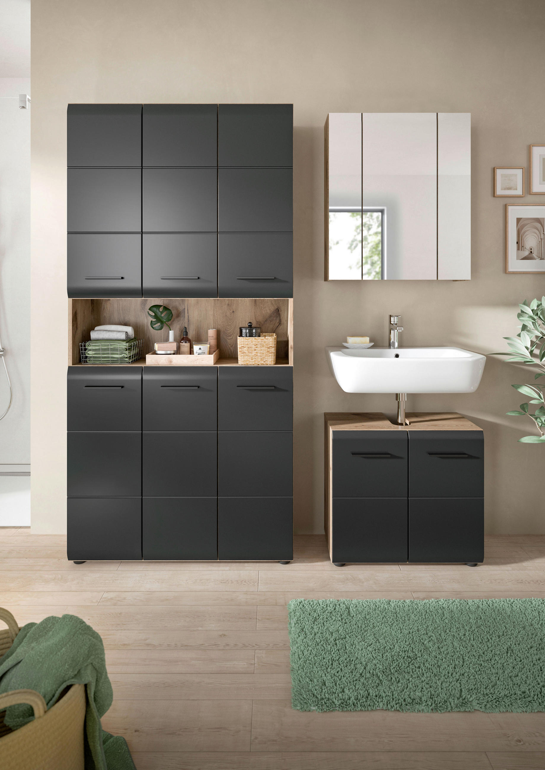 BADEZIMMER 3-teilig  in 150 cm  - Eiche dunkel/Schwarz, Basics, Holzwerkstoff/Kunststoff (150cm) - MID.YOU