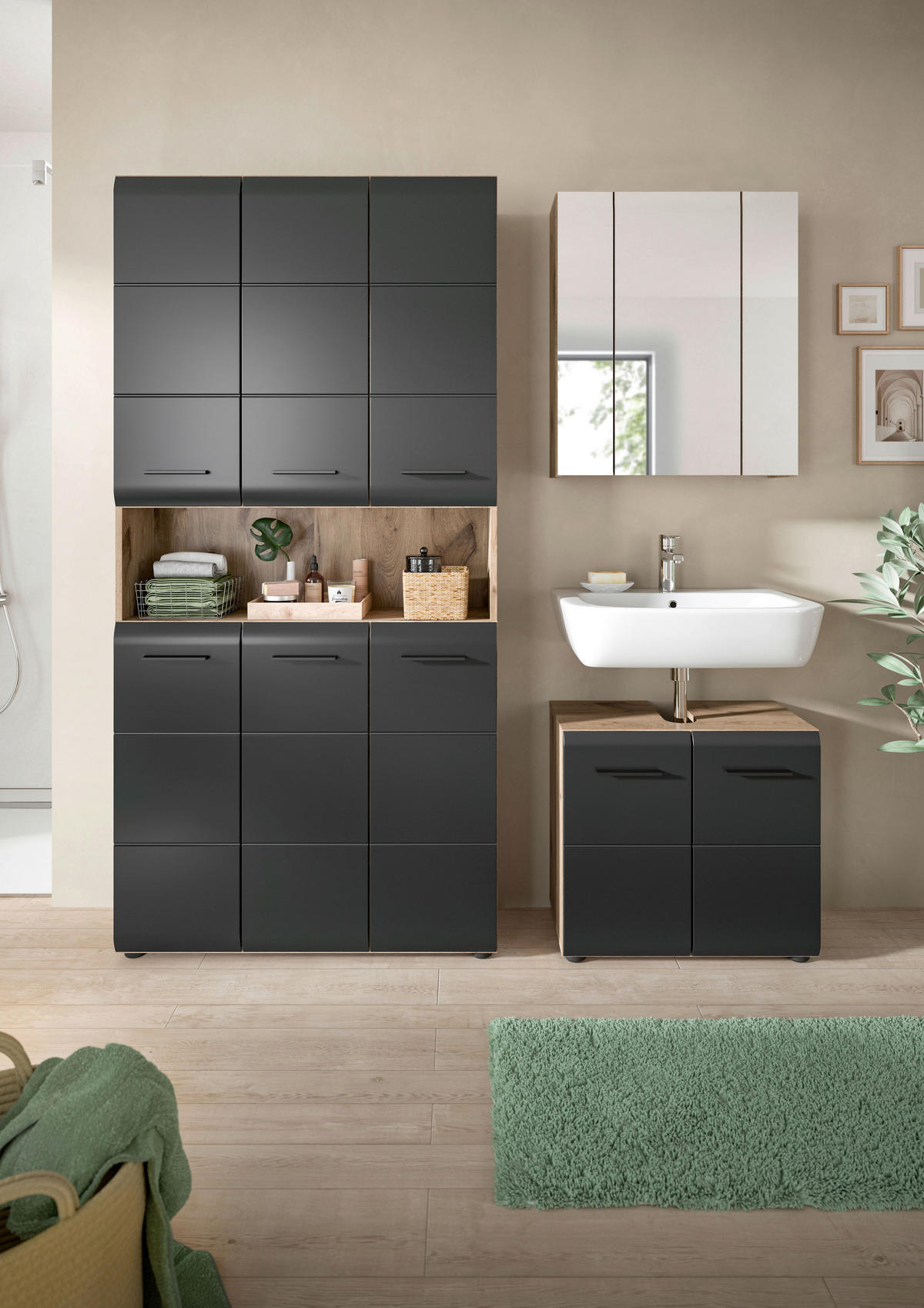 BADEZIMMER 3-teilig  in 150 cm  - Eiche dunkel/Schwarz, Basics, Holzwerkstoff/Kunststoff (150cm) - MID.YOU