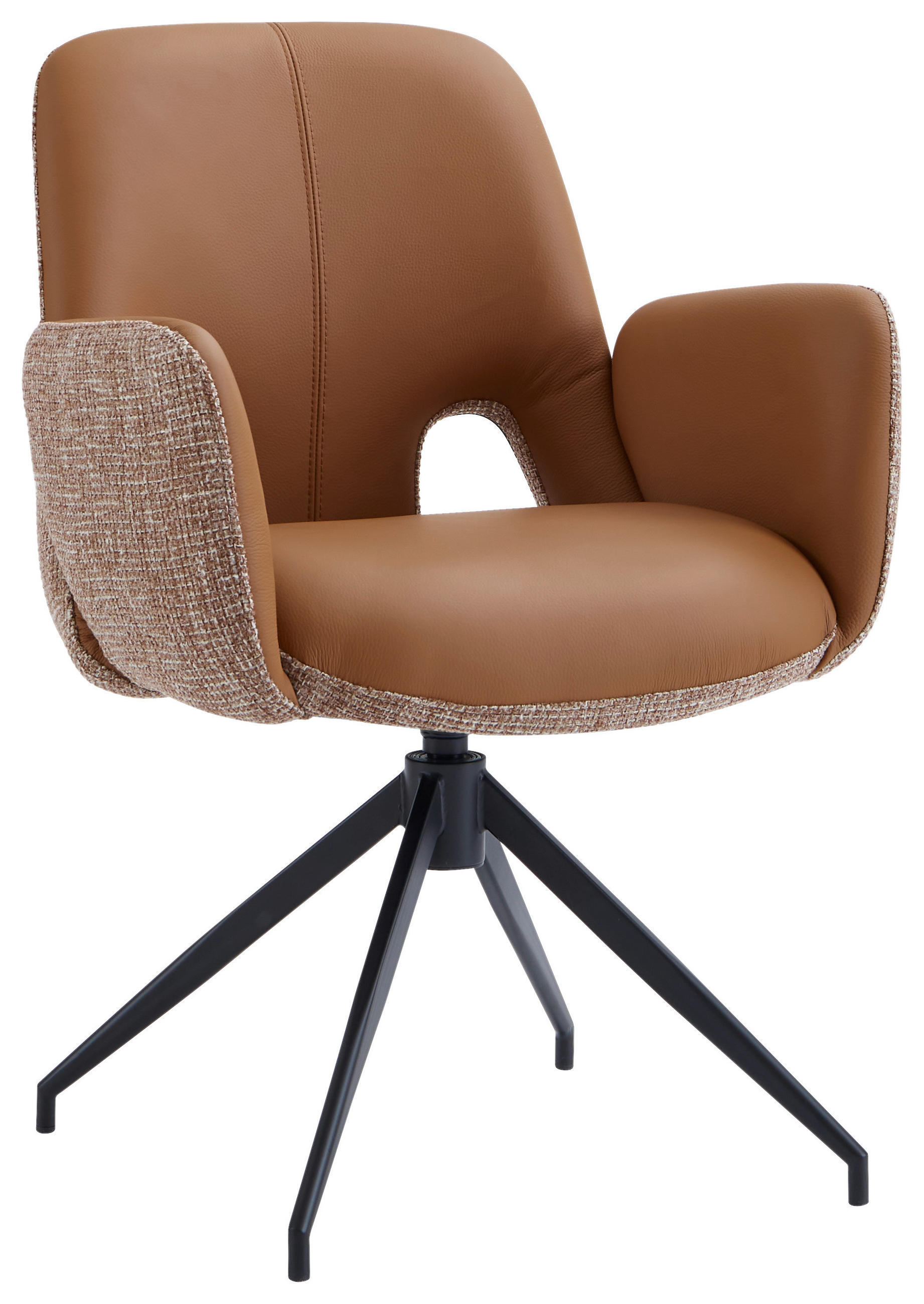 ARMLEHNSTUHL  Sitzfläche 360° drehbar, automatische Rückholfunktion Leinenoptik Echtleder  - Cognac/Schwarz, Design, Leder/Textil (60/85/62cm) - Dieter Knoll