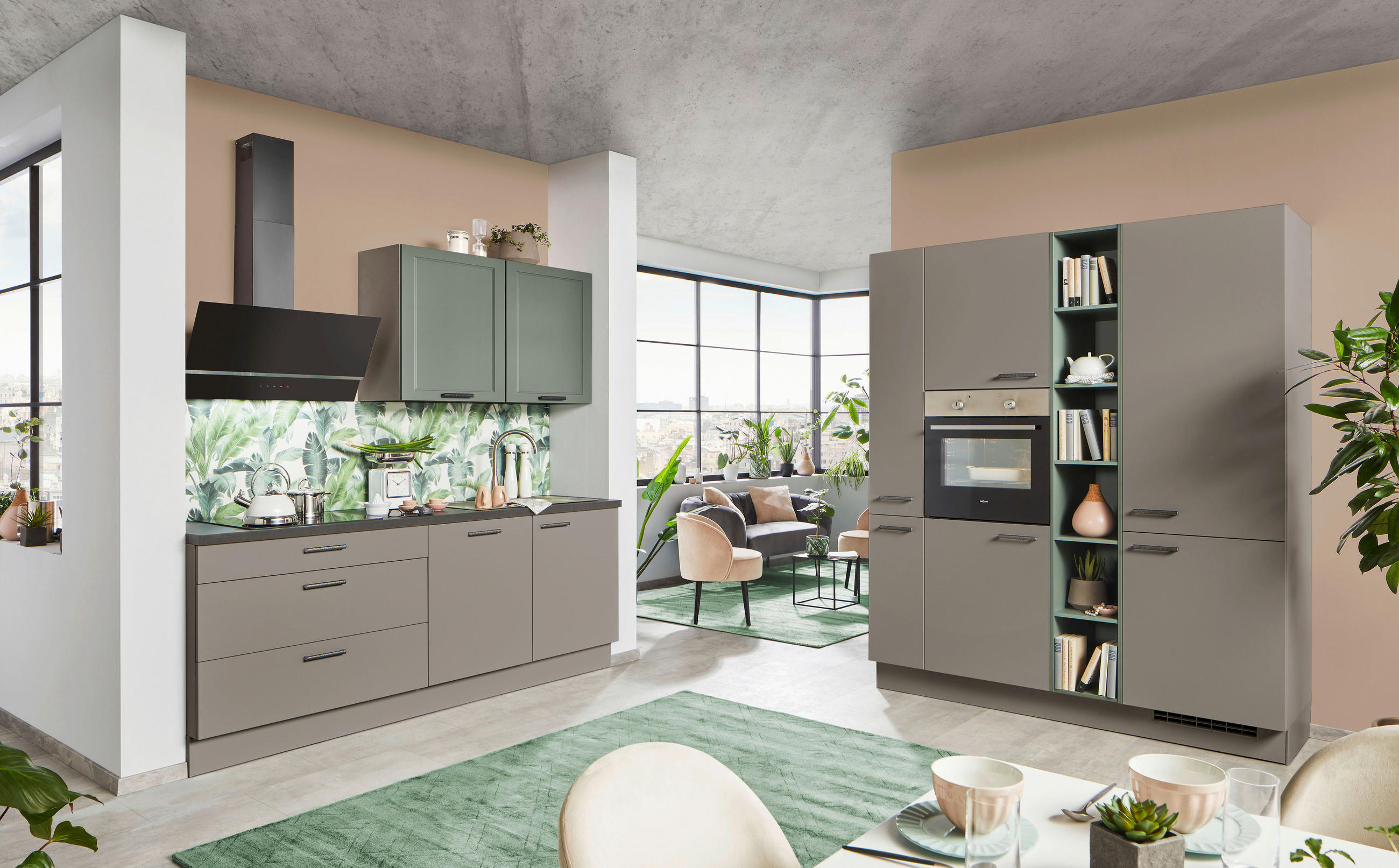 ECKKÜCHE 220/180 cm  in Grau, Grün, Taupe  - Taupe/Schwarz, Design, Holzwerkstoff/Metall (220/180cm) - Celina