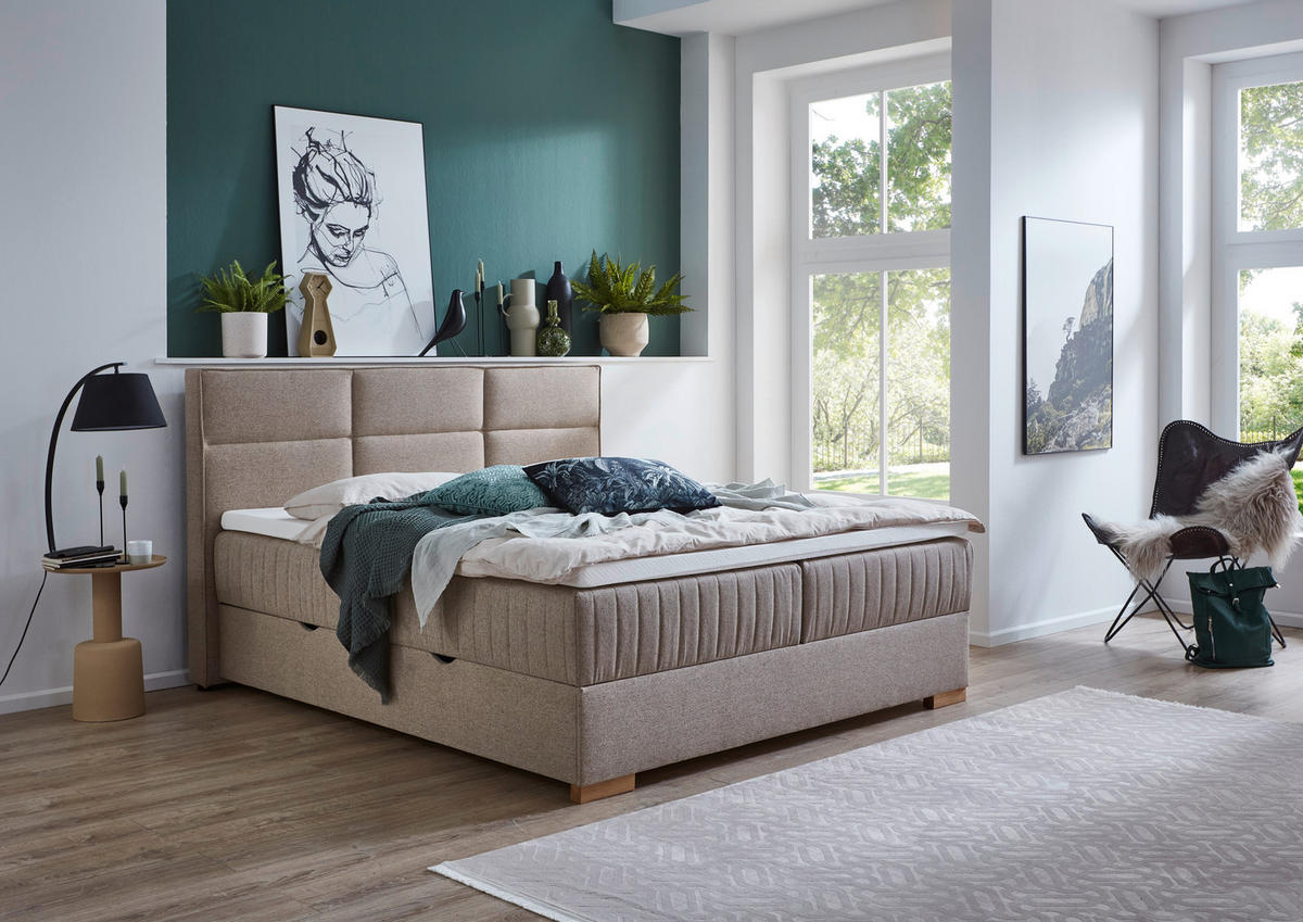 BOXSPRINGBETT 180/200 cm,  in Taupe, Bettkasten, Topper, H3 = fest  - Taupe/Eichefarben, KONVENTIONELL, Holz/Textil (180/200cm) - Boxxx