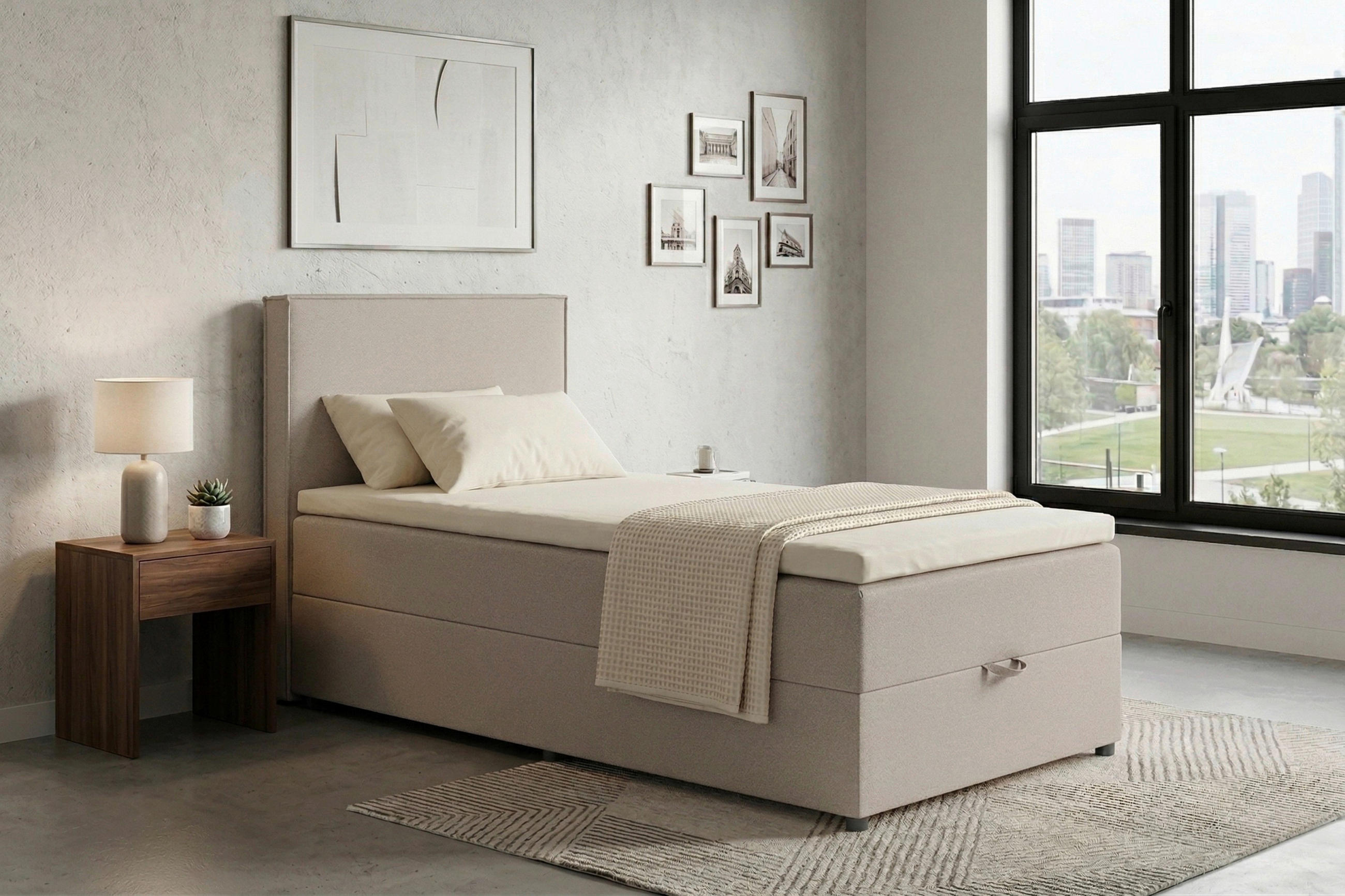 BOXBETT 100/200 cm,  in Beige, H3 = fest  - Beige/Schwarz, MODERN, Kunststoff/Textil (100/200cm) - MID.YOU