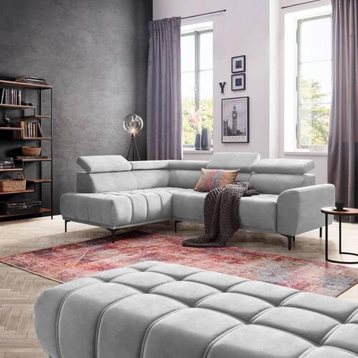 ECKSOFA in Velours Hellgrau  - Hellgrau/Schwarz, Design, Textil/Metall (191/261cm) - Stylife