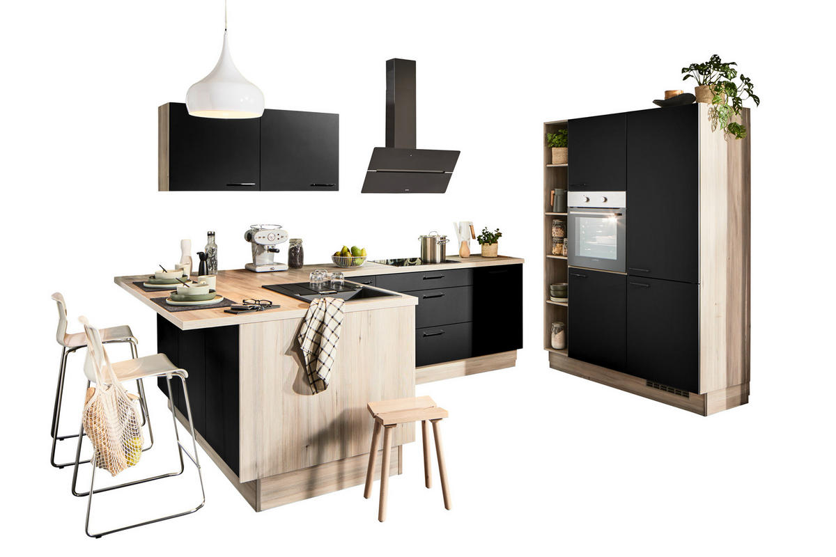ECKKÜCHE  in Schwarz, Tannenholzfarben  - Tannenholzfarben/Schwarz, Design, Holzwerkstoff/Metall (121,6/280/150cm) - Xora