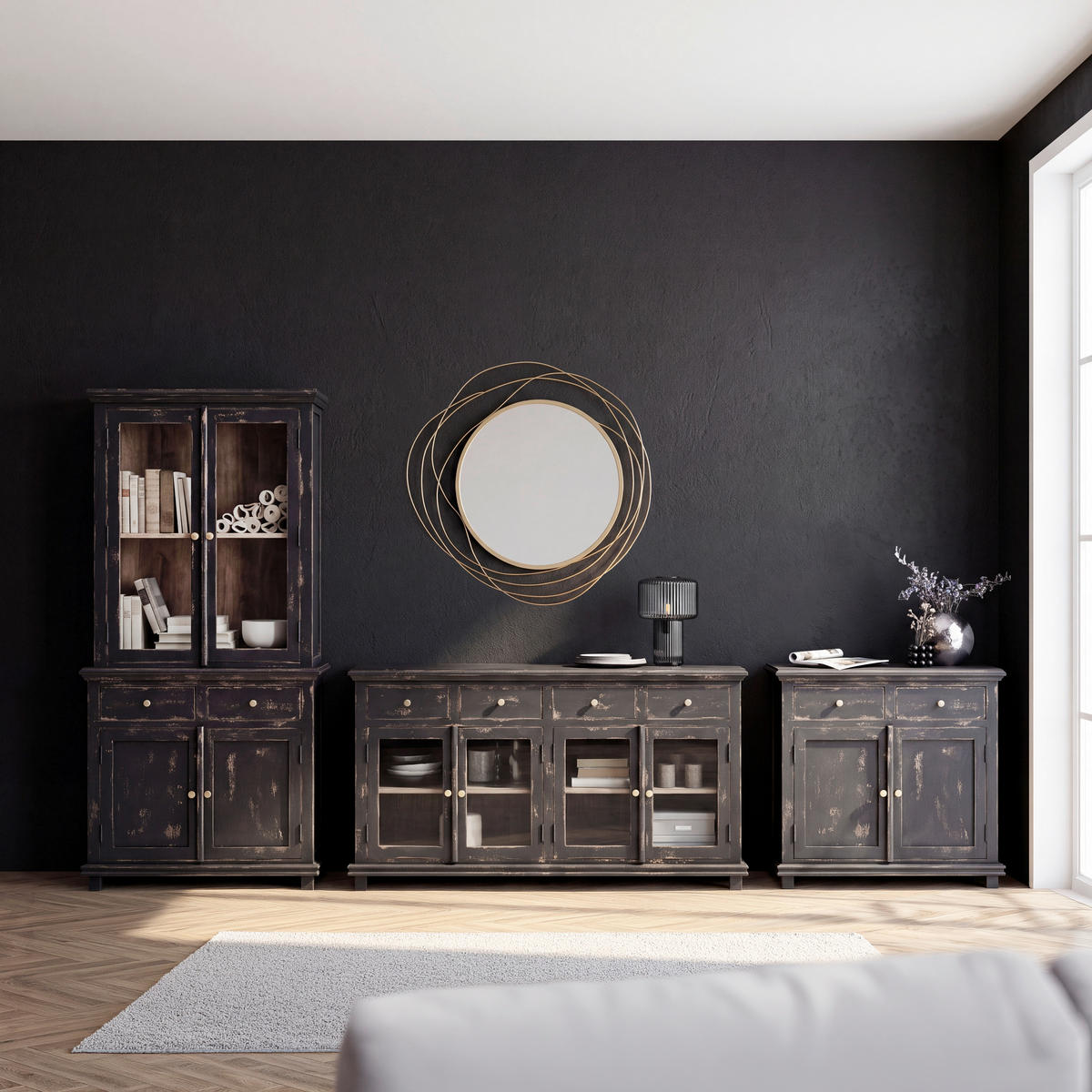 VITRINE  in vollmassiv Akazie Schwarz  - Goldfarben/Schwarz, LIFESTYLE, Glas/Holz (80/178/42cm) - Ambia Home