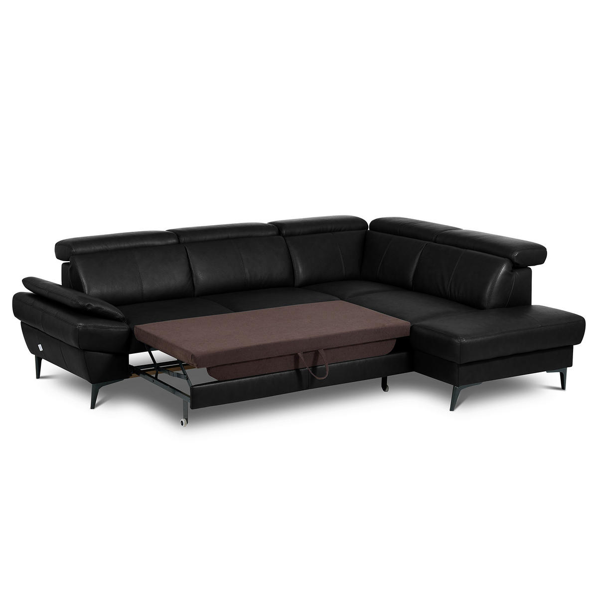 ECKSOFA Schwarz Echtleder Lederlook Bettkasten, Schlaffunktion, Rücken echt, Armteilverstellung, Kopfteilverstellung  - Schwarz, Design, Leder/Textil (264/211cm) - Livetastic