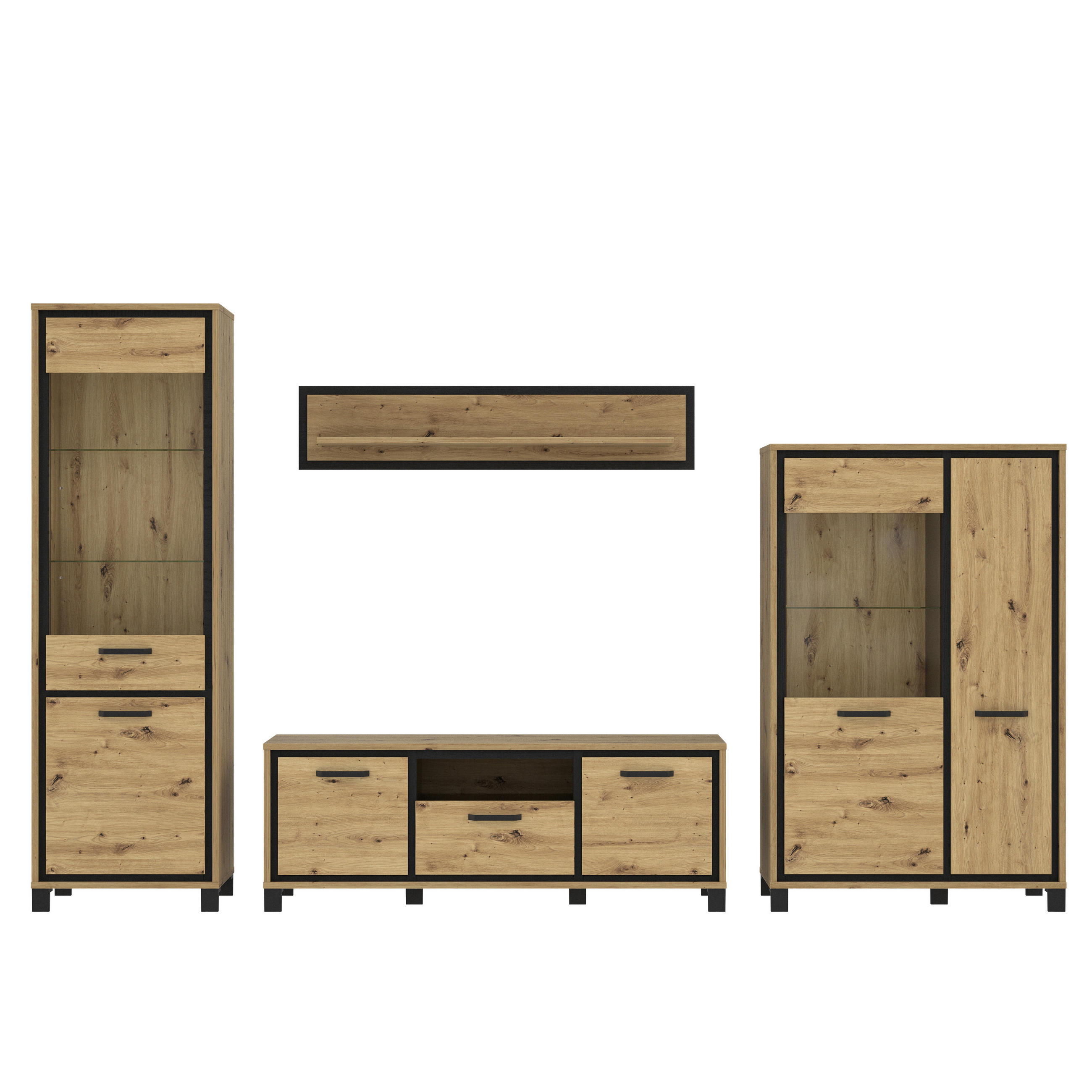 WOHNWAND  in Eichefarben  344,2/208/41,5 cm  - Eichefarben/Schwarz, Basics, Glas/Holzwerkstoff (344,2/208/41,5cm) - Livetastic