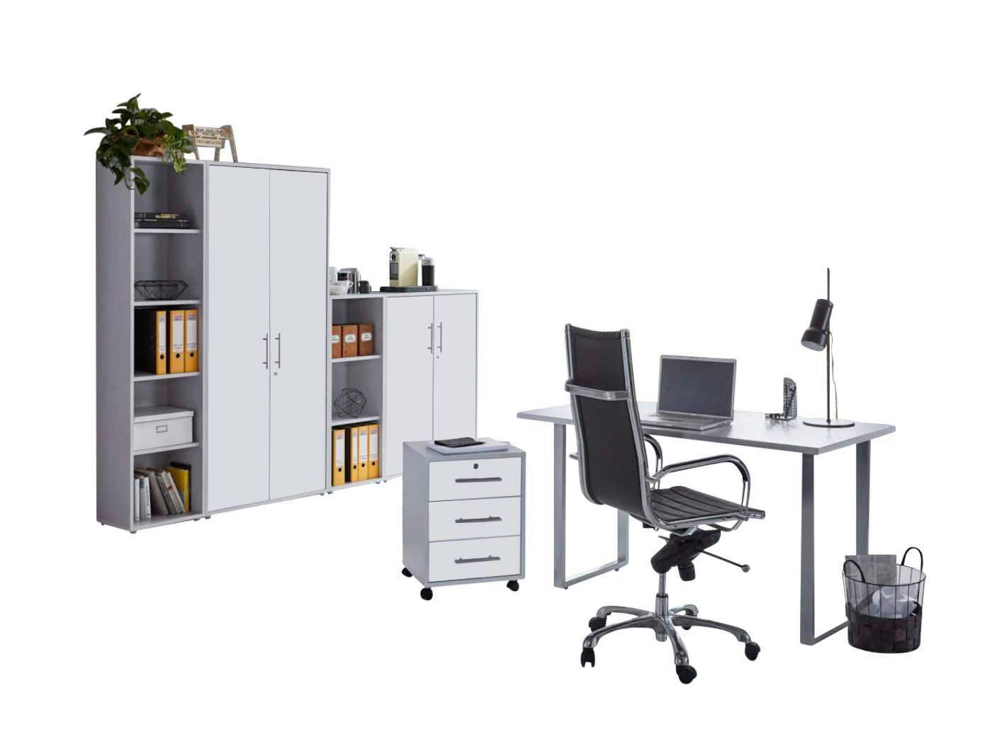 BÜRO erweiterbar, abschließbar Grau, Weiß - Weiß/Grau, MODERN, Holzwerkstoff/Metall - MID.YOU