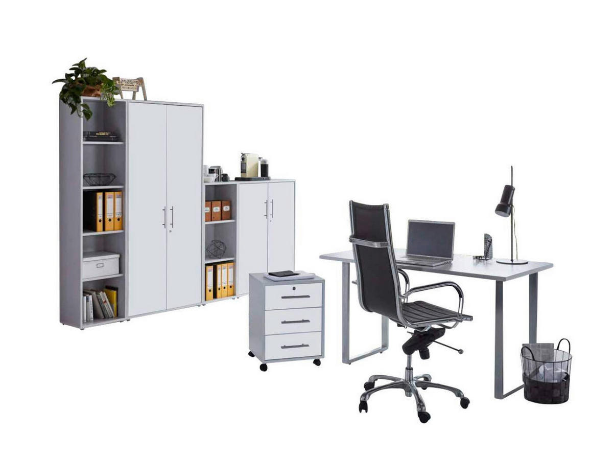 BÜRO erweiterbar, abschließbar Grau, Weiß - Weiß/Grau, MODERN, Holzwerkstoff/Metall - MID.YOU