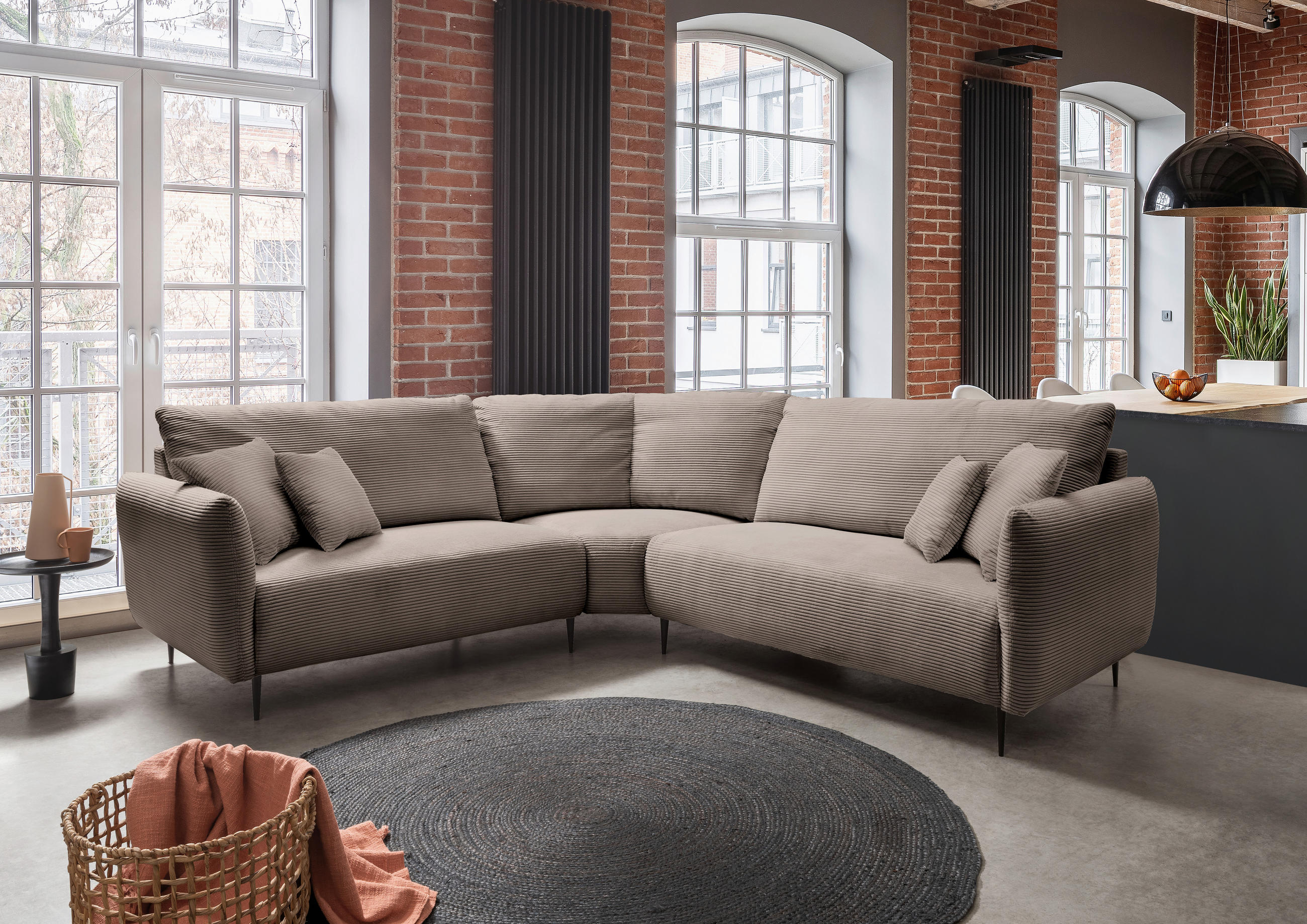 ECKSOFA in Cord Graubraun - Graubraun/Schwarz, Design, Textil/Metall (256/256cm) - Livetastic