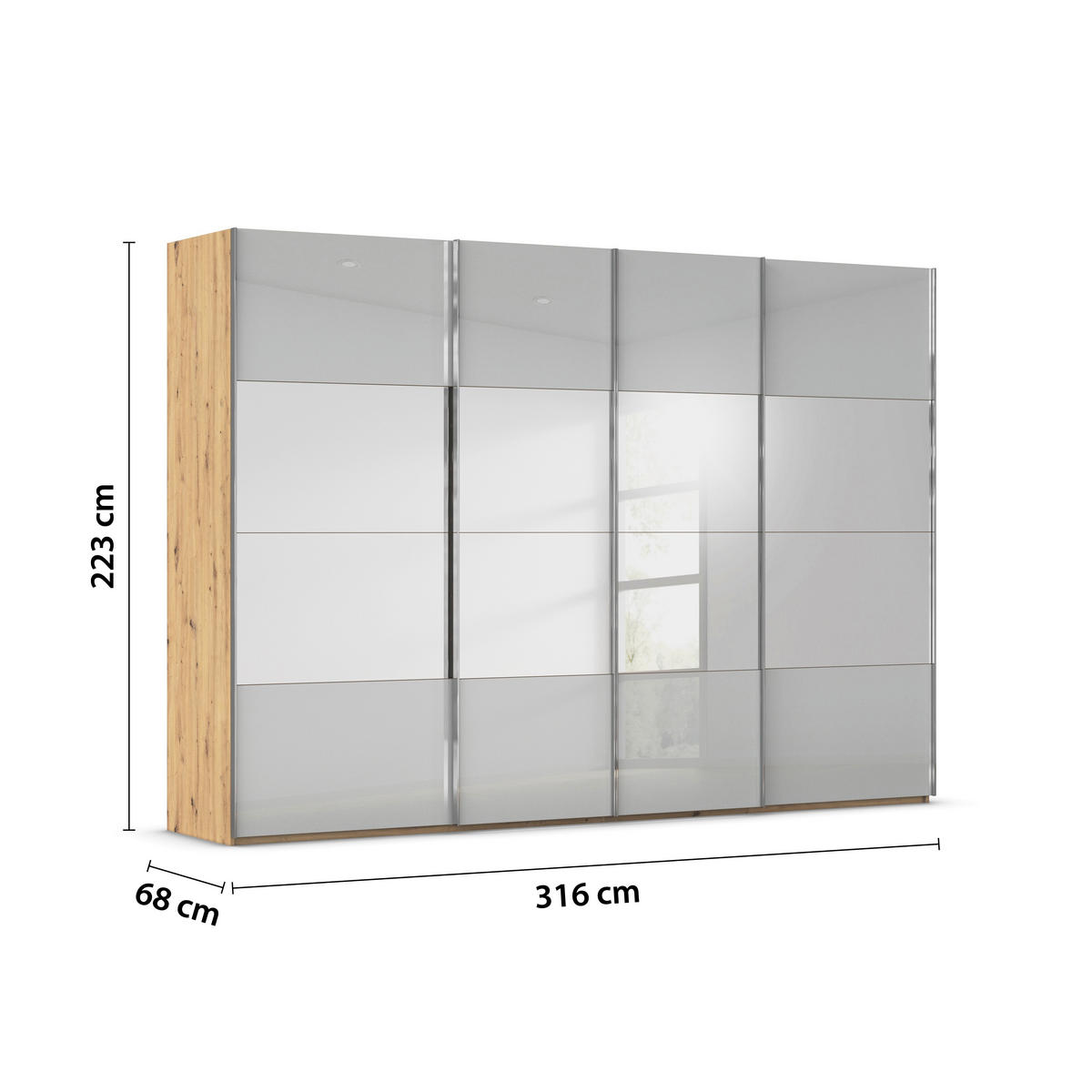 SCHWEBETÜRENSCHRANK 316/223/68 cm 4-türig Grau, Eiche Artisan  - Chromfarben/Eiche Artisan, Design, Glas/Holzwerkstoff (316/223/68cm) - Novel