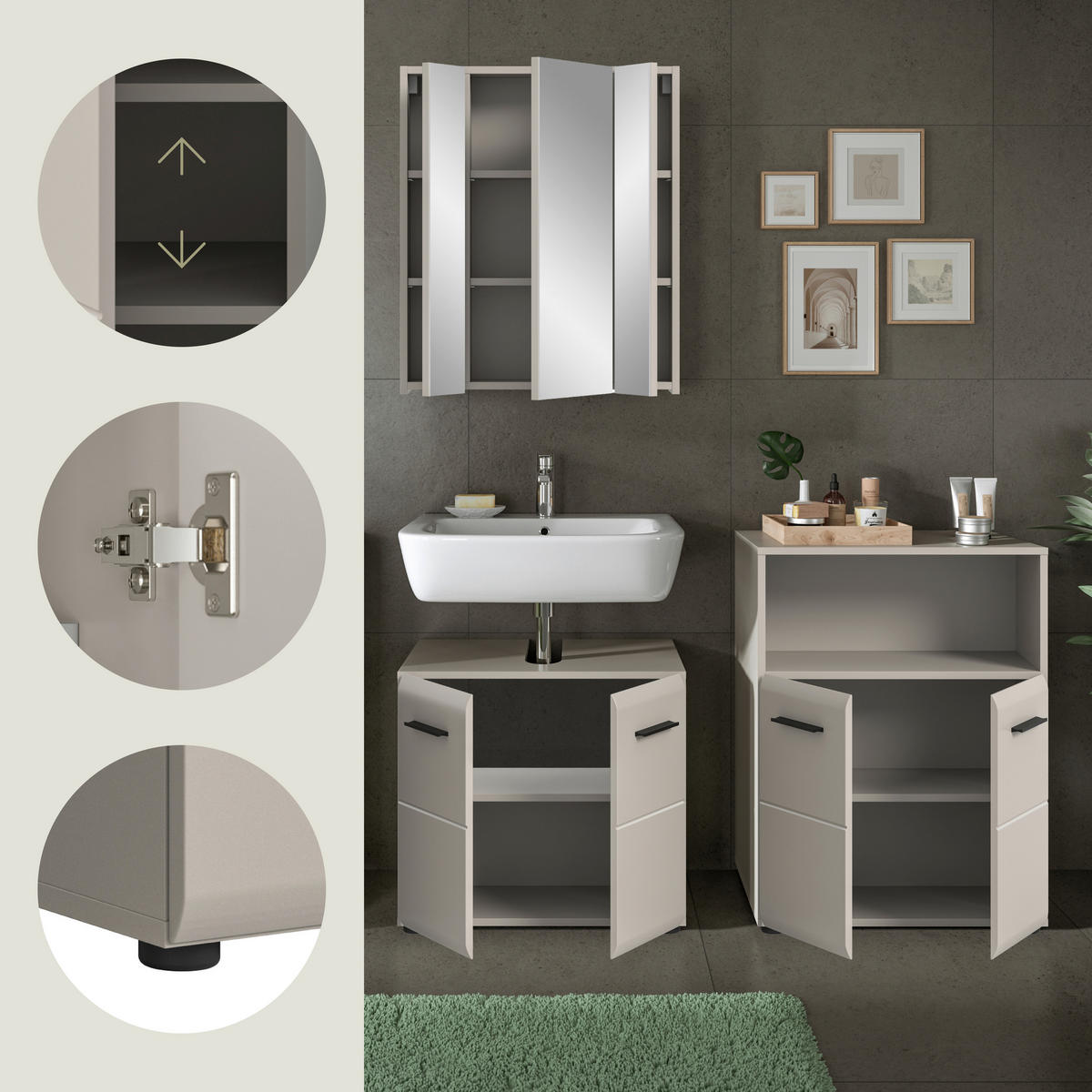 BADEZIMMER 3-teilig  in 120 cm  - Kaschmir/Schwarz, Trend, Glas/Holzwerkstoff (120cm) - MID.YOU
