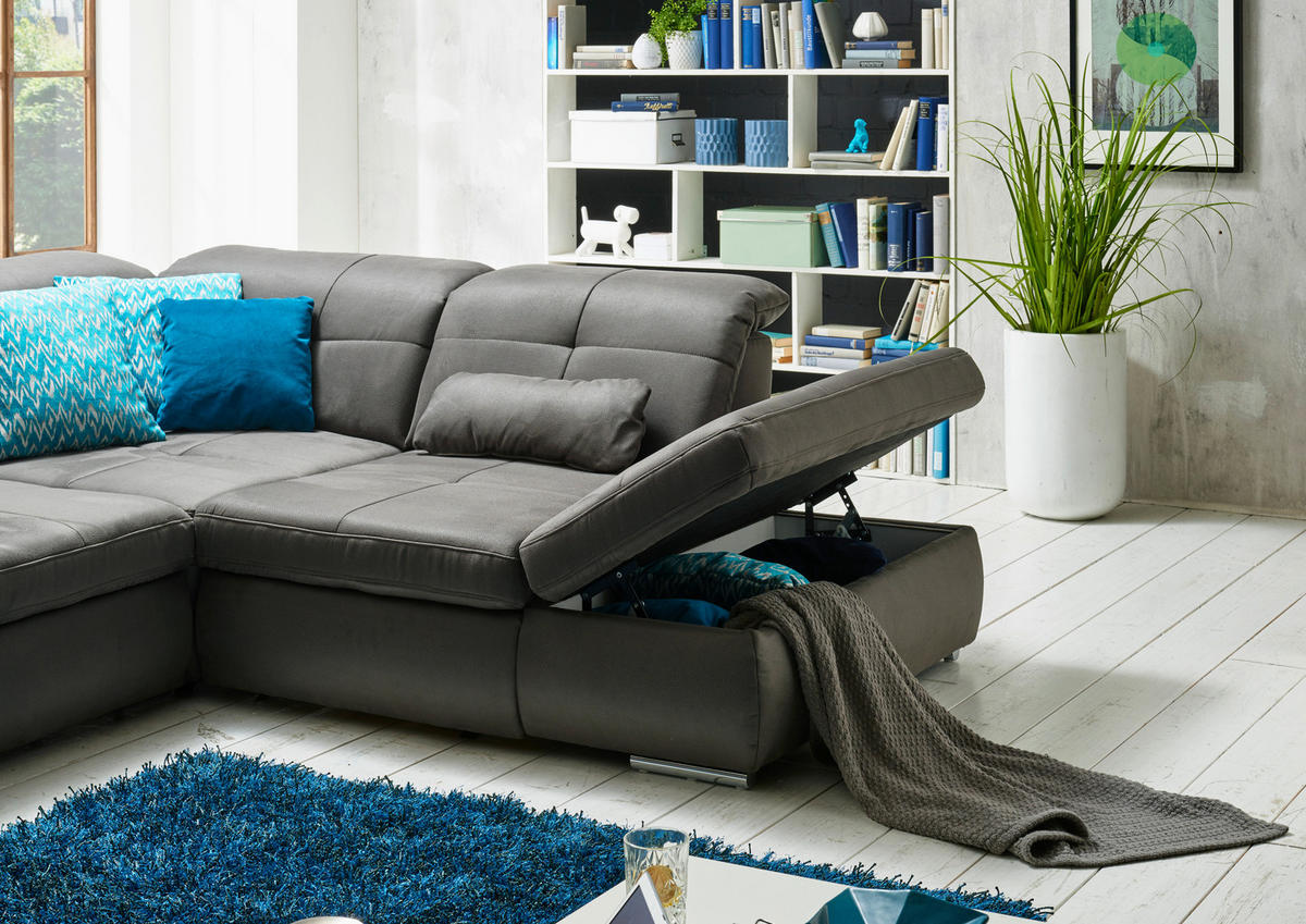 WOHNLANDSCHAFT Grau Mikrofaser  - Chromfarben/Grau, Design, Textil/Metall (260/371/195cm) - Beldomo Style
