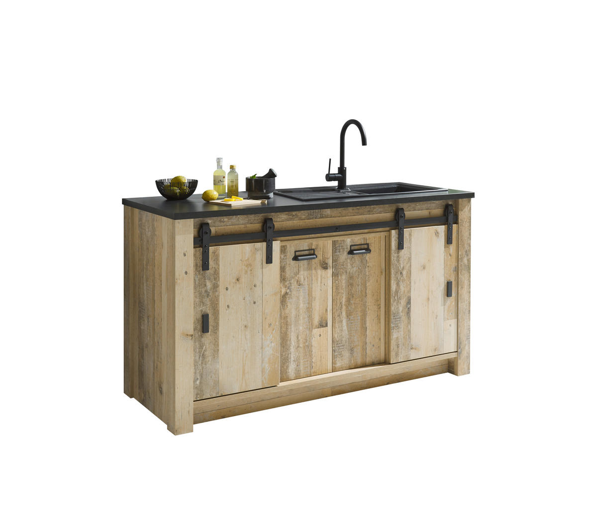 SPÜLENUNTERSCHRANK 161/93/64 cm  in Anthrazit, Naturfarben  - Anthrazit/Schwarz, Trend, Holzwerkstoff/Metall (161/93/64cm) - MID.YOU