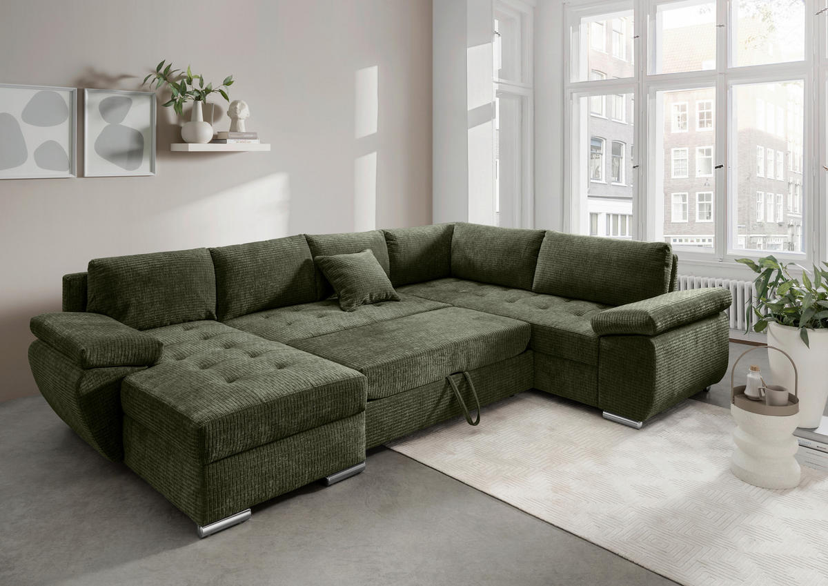 WOHNLANDSCHAFT Olivgrün Mikrofaser  - Chromfarben/Olivgrün, KONVENTIONELL, Textil/Metall (157/305/219cm) - Livetastic