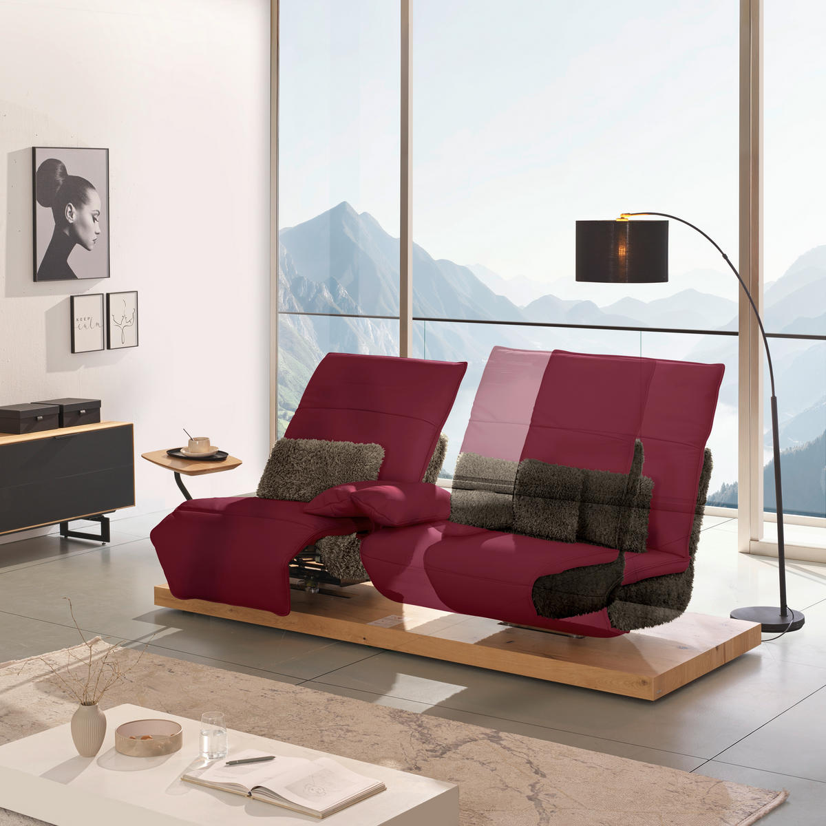 2-SITZER-SOFA  in Hochflor Echtleder Rot, Dunkelbraun  - Dunkelbraun/Rot, Design, Leder/Holz (240/65/104cm) - Koinor