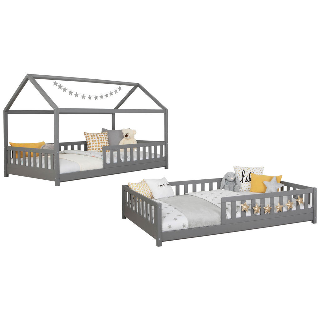 Thumbnail - Mid.you Hausbett, Hellgrau, Holz, Kiefer, Schichtholz,massiv, Höhe ca. 20 cm, 140x200 cm, bodentiefer Einstieg, Kinder- ...