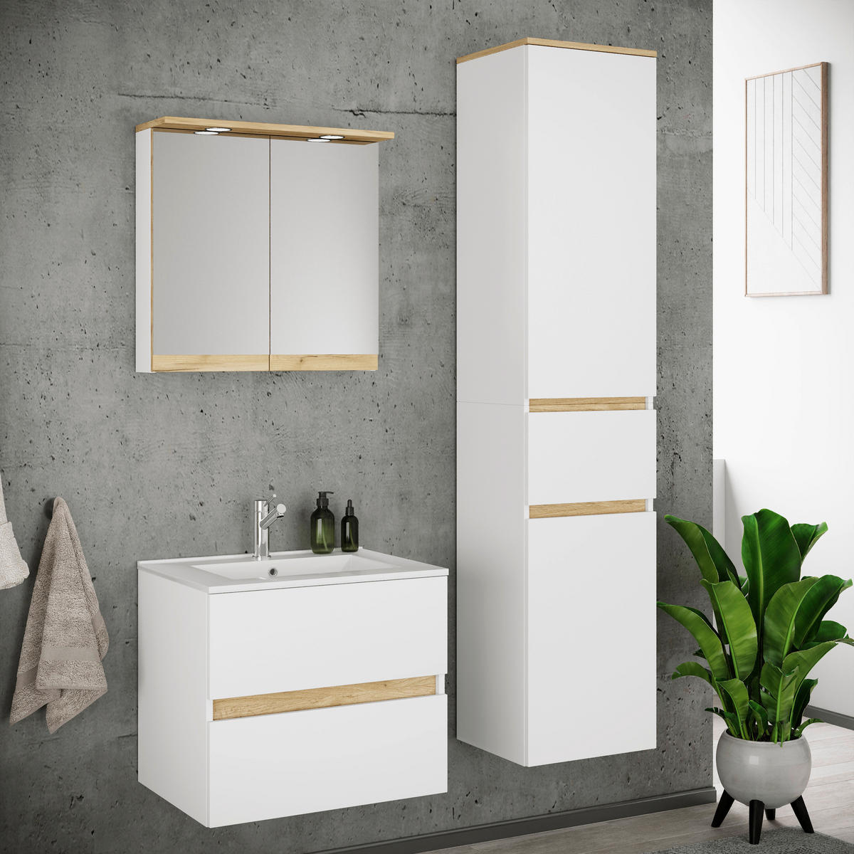 BADEZIMMER 4-teilig 101 cm  - Honigeiche/Weiss, Trend, Keramik/Holzwerkstoff (101cm) - MID.YOU