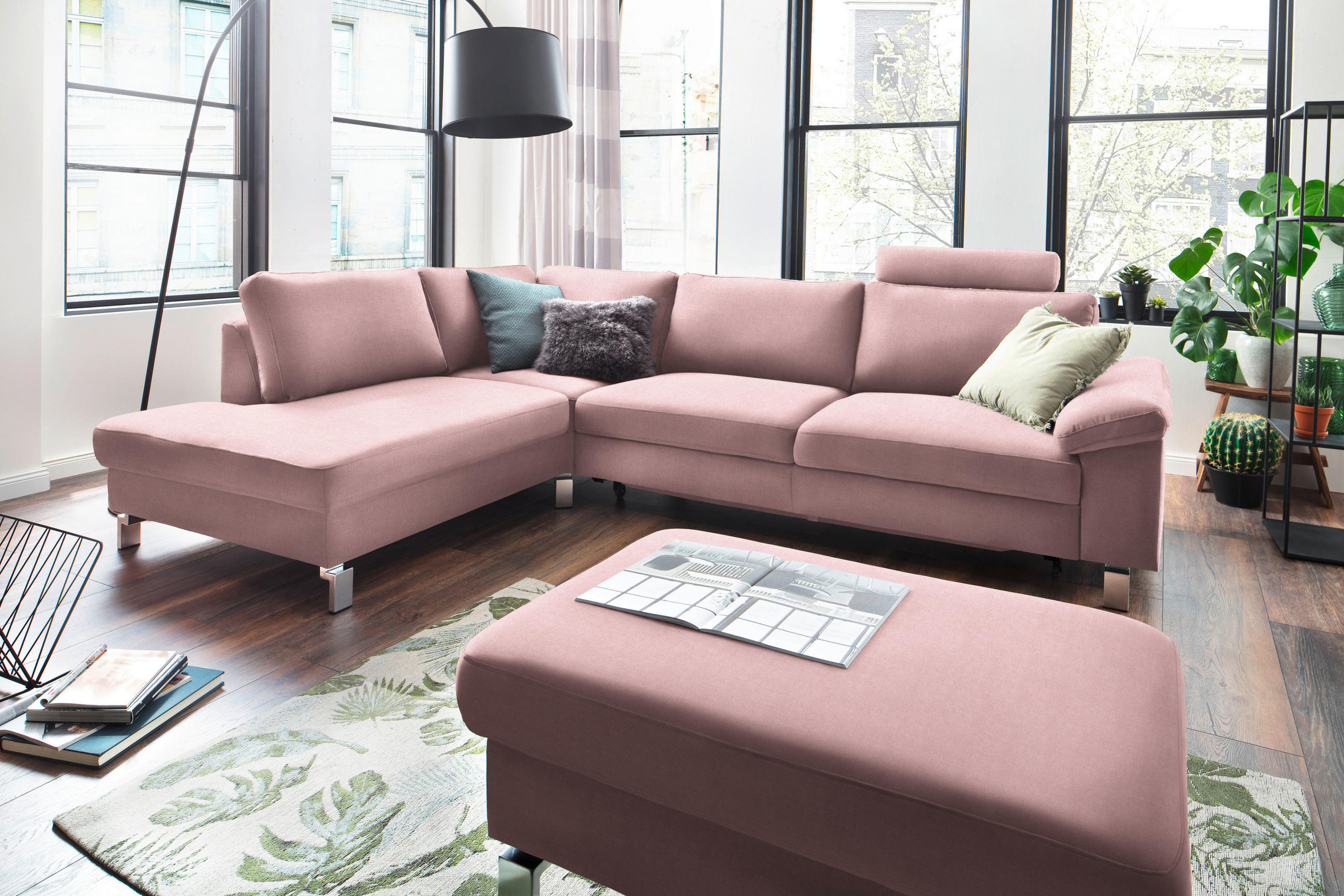 ECKSOFA in Velours Rosa  - Chromfarben/Rosa, Design, Textil/Metall (200/282cm) - Pure Home Lifestyle
