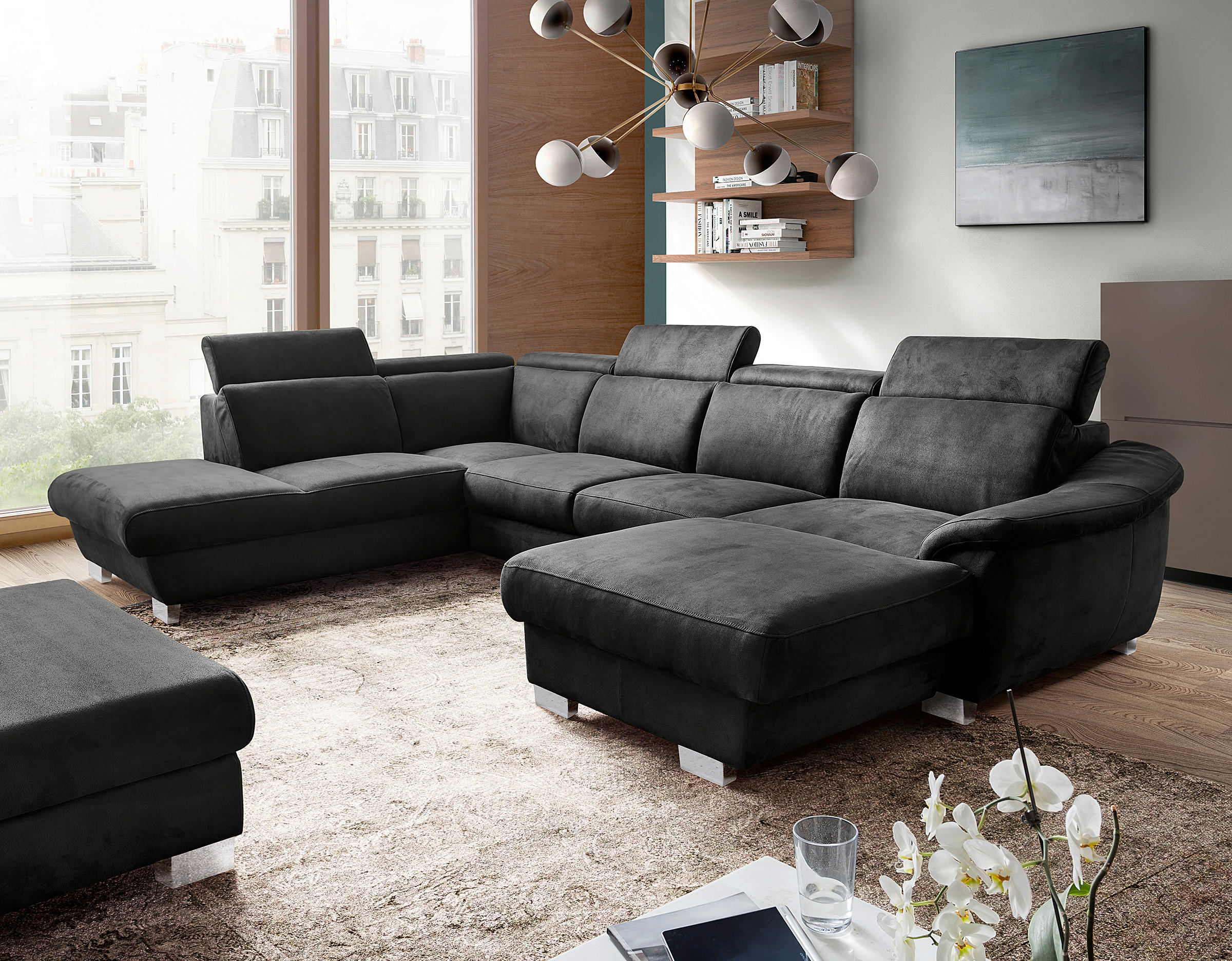 WOHNLANDSCHAFT Anthrazit Mikrofaser  - Chromfarben/Anthrazit, Design, Textil/Metall (273/347/238cm) - Livetastic